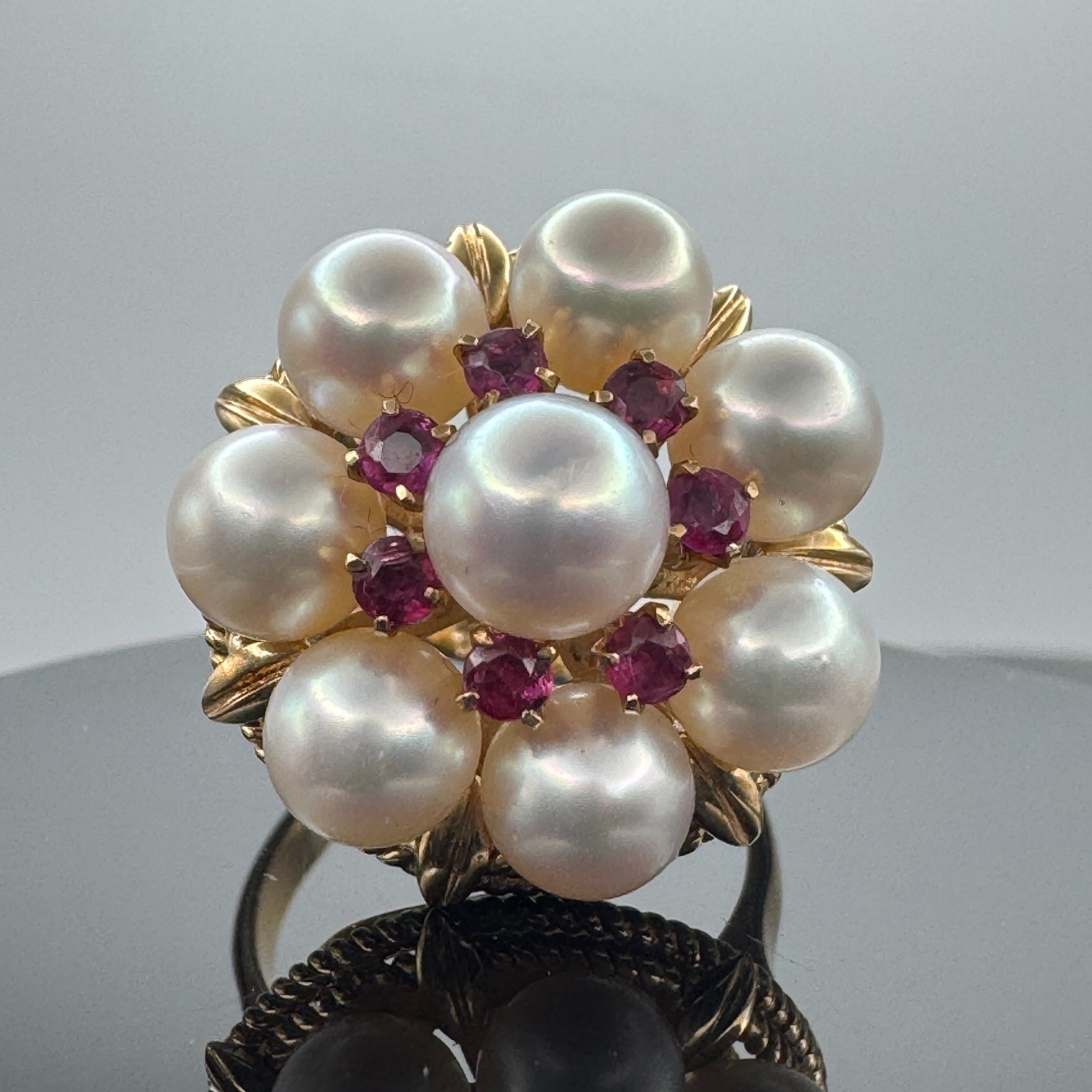 Solid 14k Gold Ring with Pearls and Rubies / Size 5 / 18.44 mm Wide / 6.88 Grams