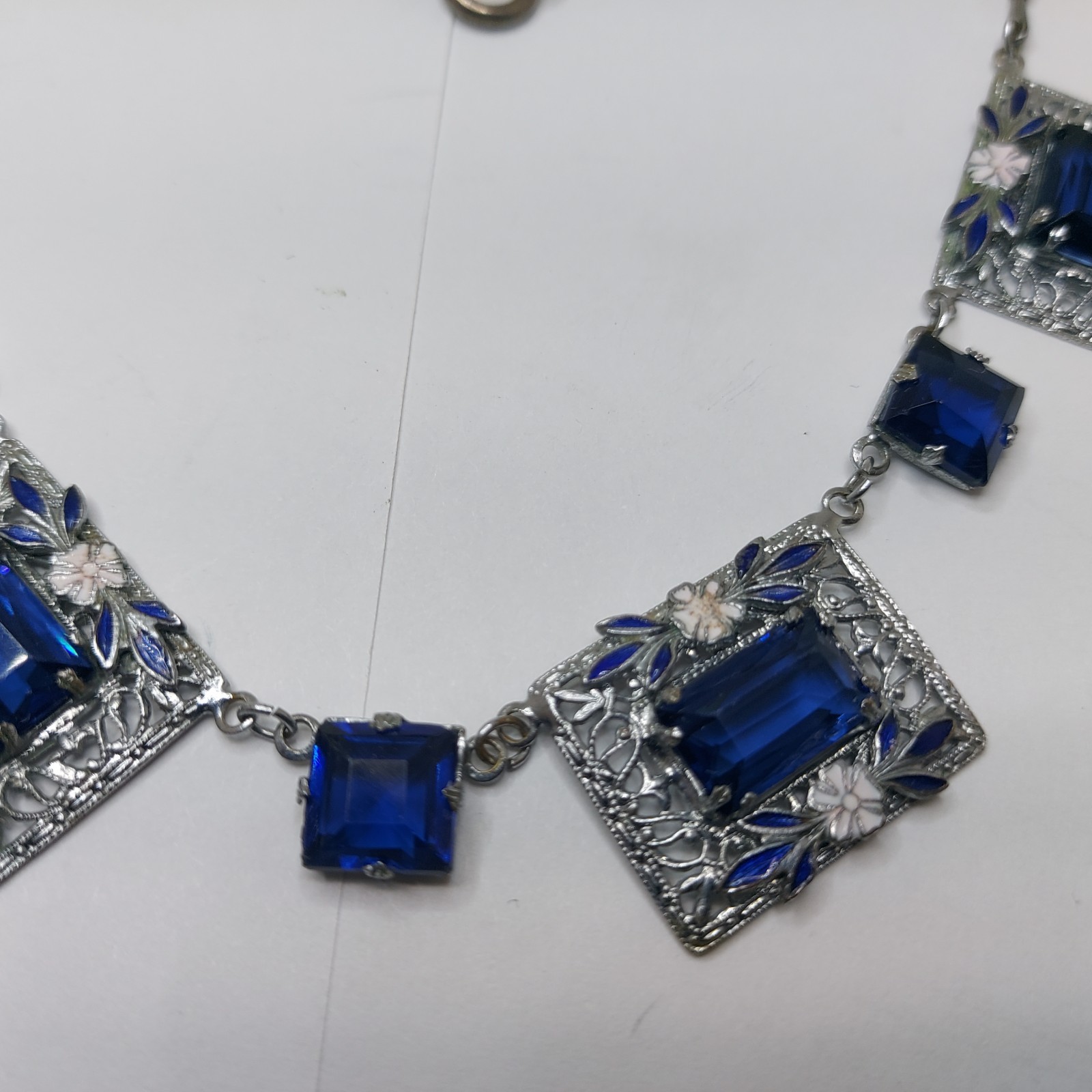1920s Art Deco Czech Deep Blue Glass Enamel Flower Floral Filigree Necklace