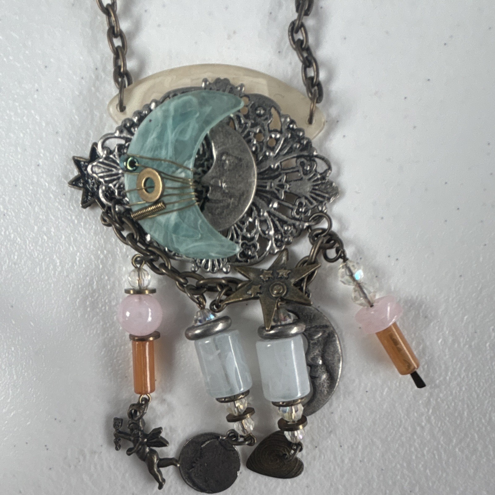 Silver Tone Cable Chain Necklace Moon & Stars Charm Pendant Blue Glass Lobster