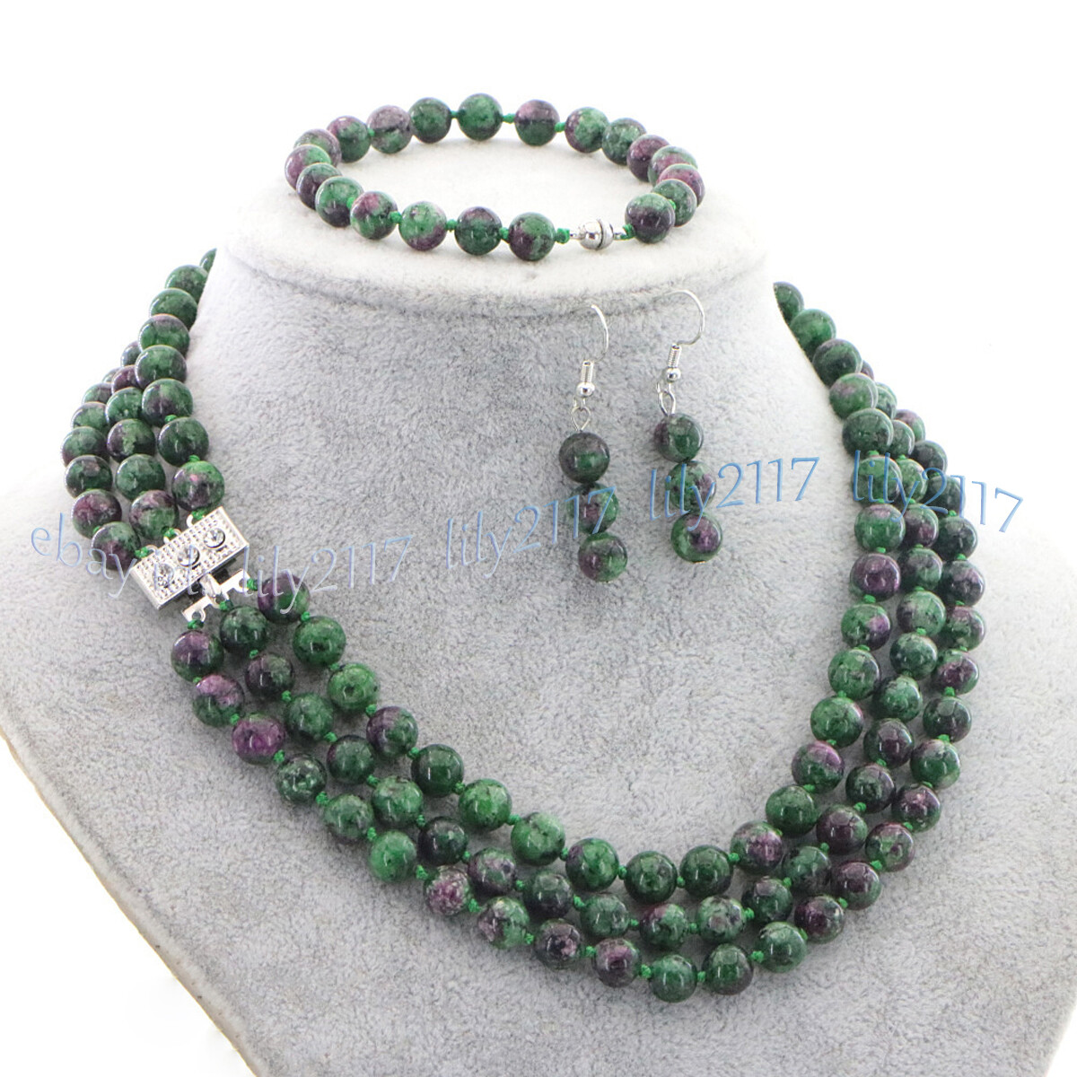 3 Rows Natural Multicolor Jade Round Gems Necklace Bracelet Earrings Jewelry Set