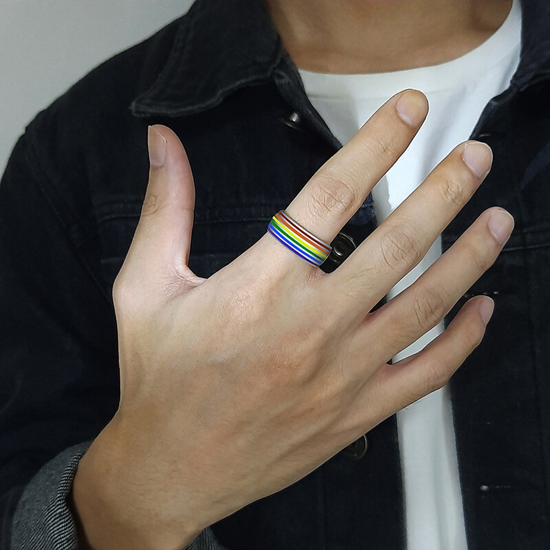 8mm Rainbow Color Love Gay Pride Lesbian Men’s Ring Stainless Steel Striped Band