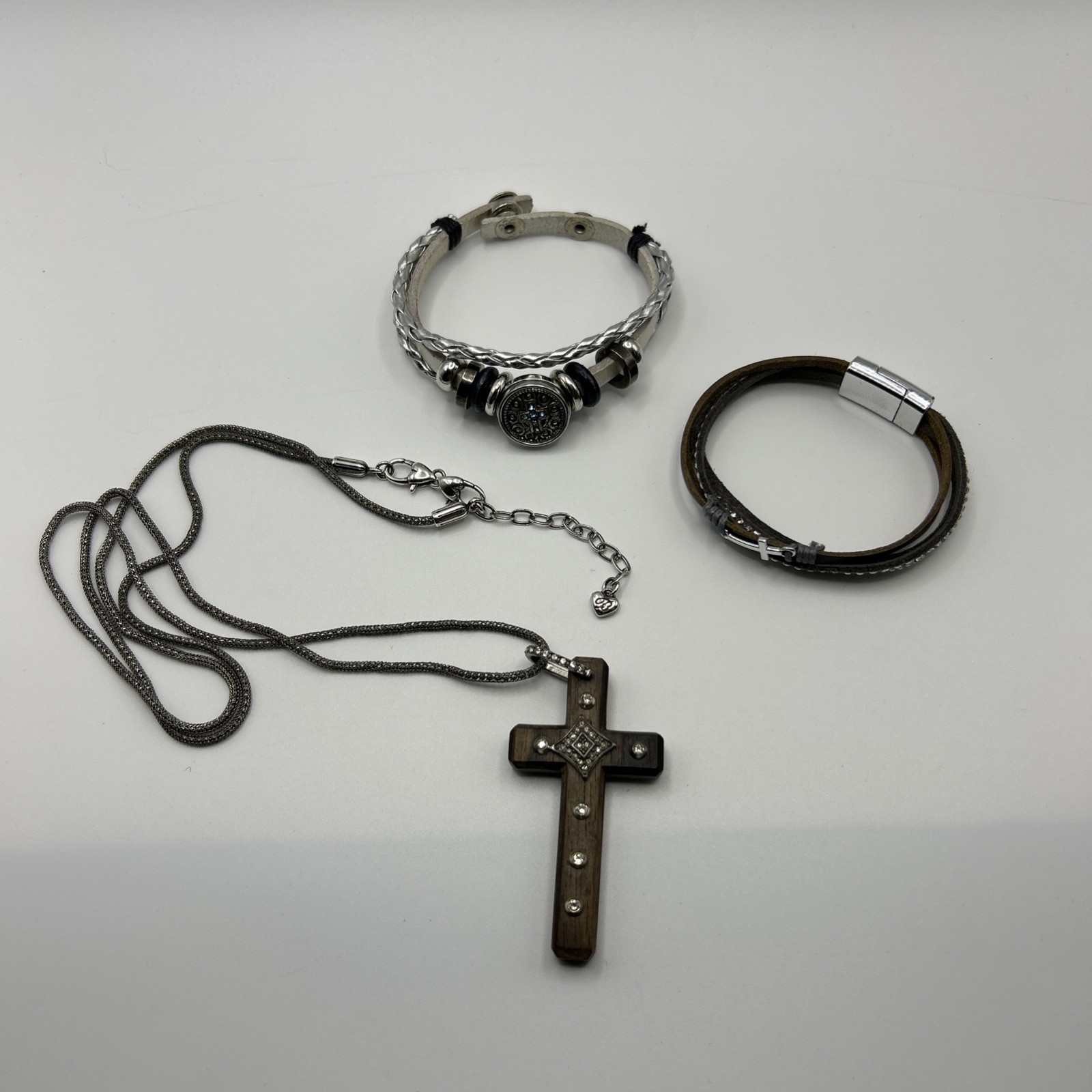 Brighton Byzantine Cross Necklace- silver chain- brown wood Cross – crystals