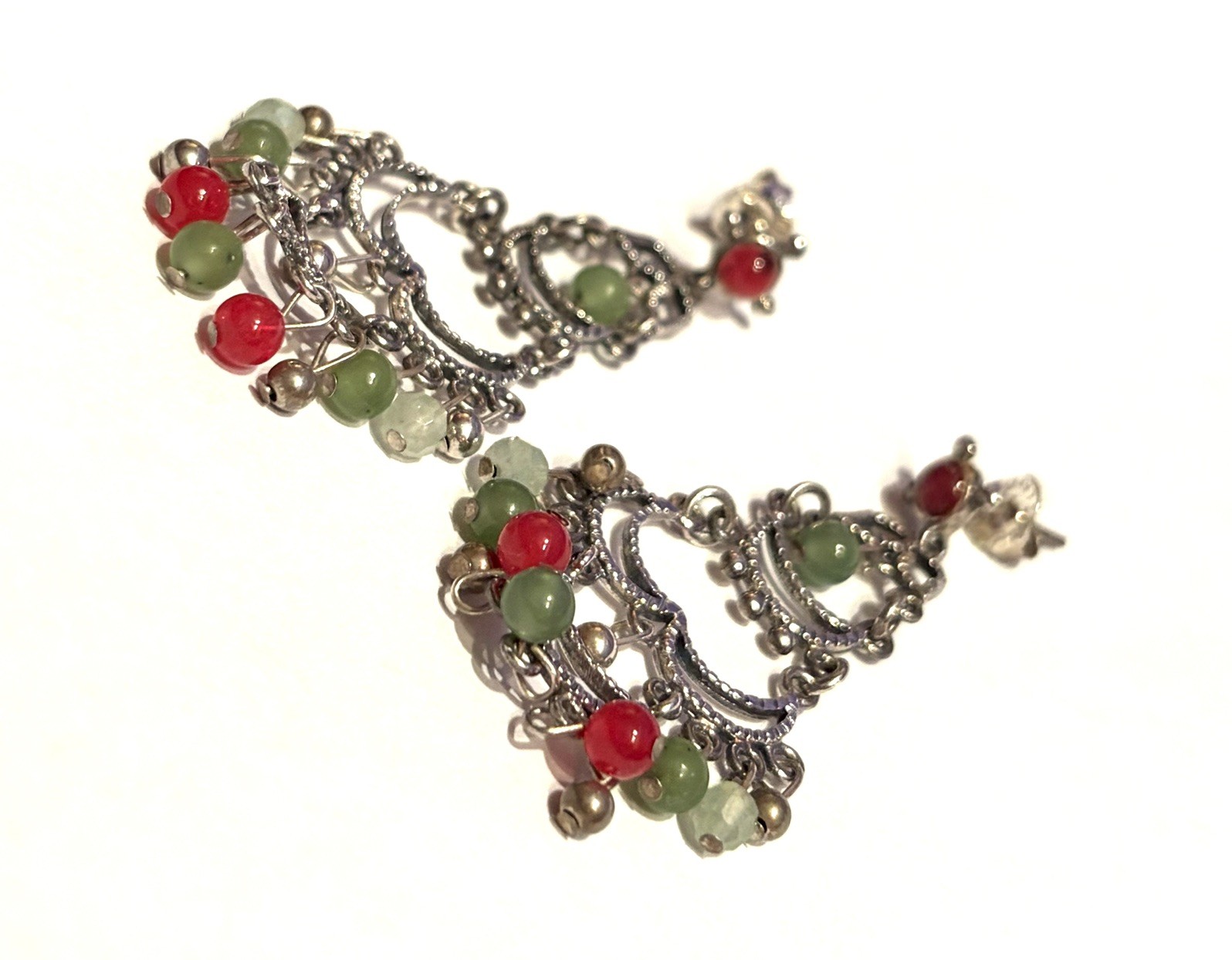 Signed Sterling 925 Thailand Boho Chandelier Green Red Jade Dangle Earrings