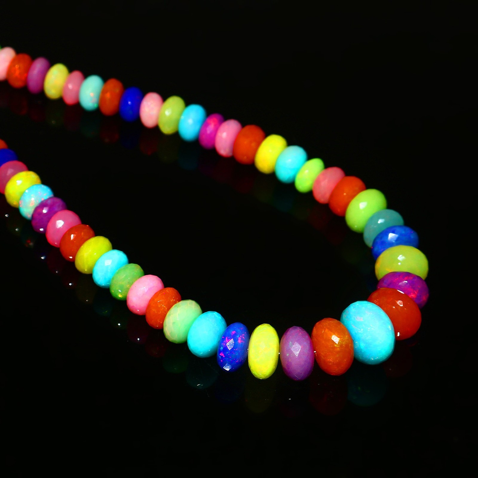 Ethiopian Welo Opal Faceted Round Bead Necklace Multi-Color Play of Fire 566