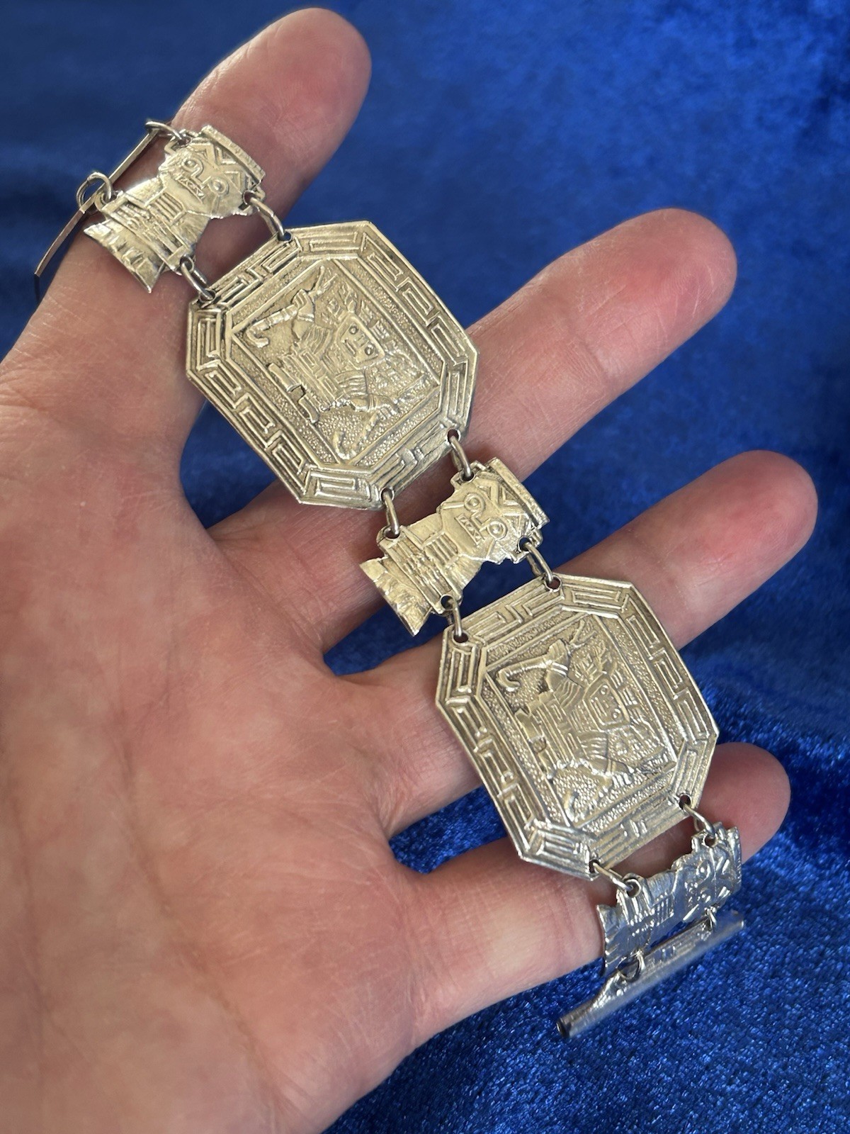 Vintage Estate Sterling Silver Inca Guardians Panel Bracelet Handmade Peru Old