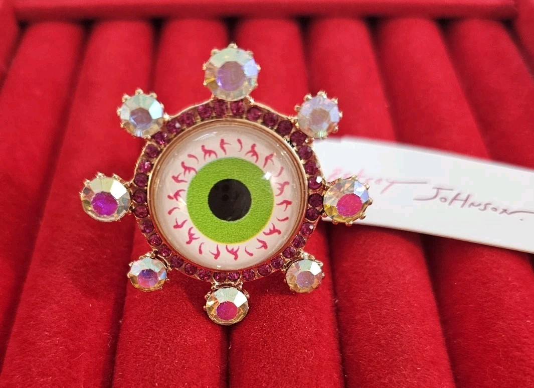 BETSEY JOHNSON GREEN EYEBALL RING AB CRYSTAL STRETCH HALLOWEEN GOLD TONE NEW