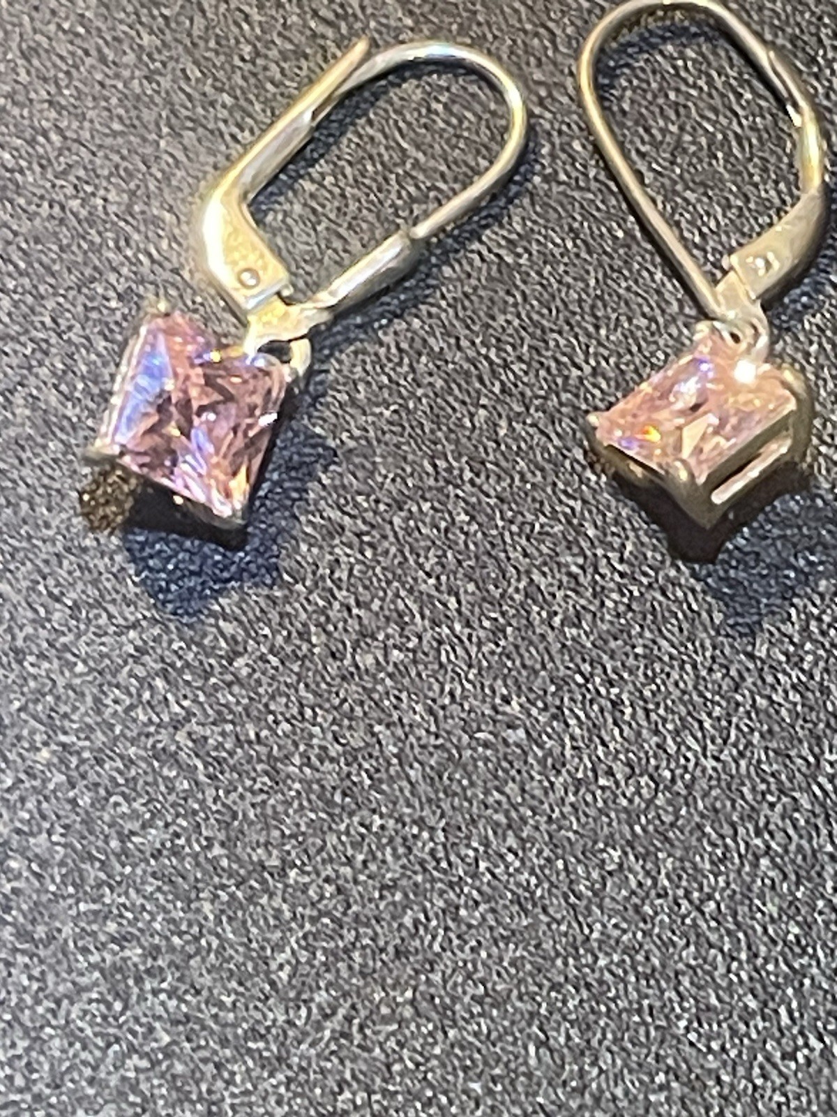 925 Sterling Silver Pink Princess Crystal Dangle/Drop Earrings Leverback Signed