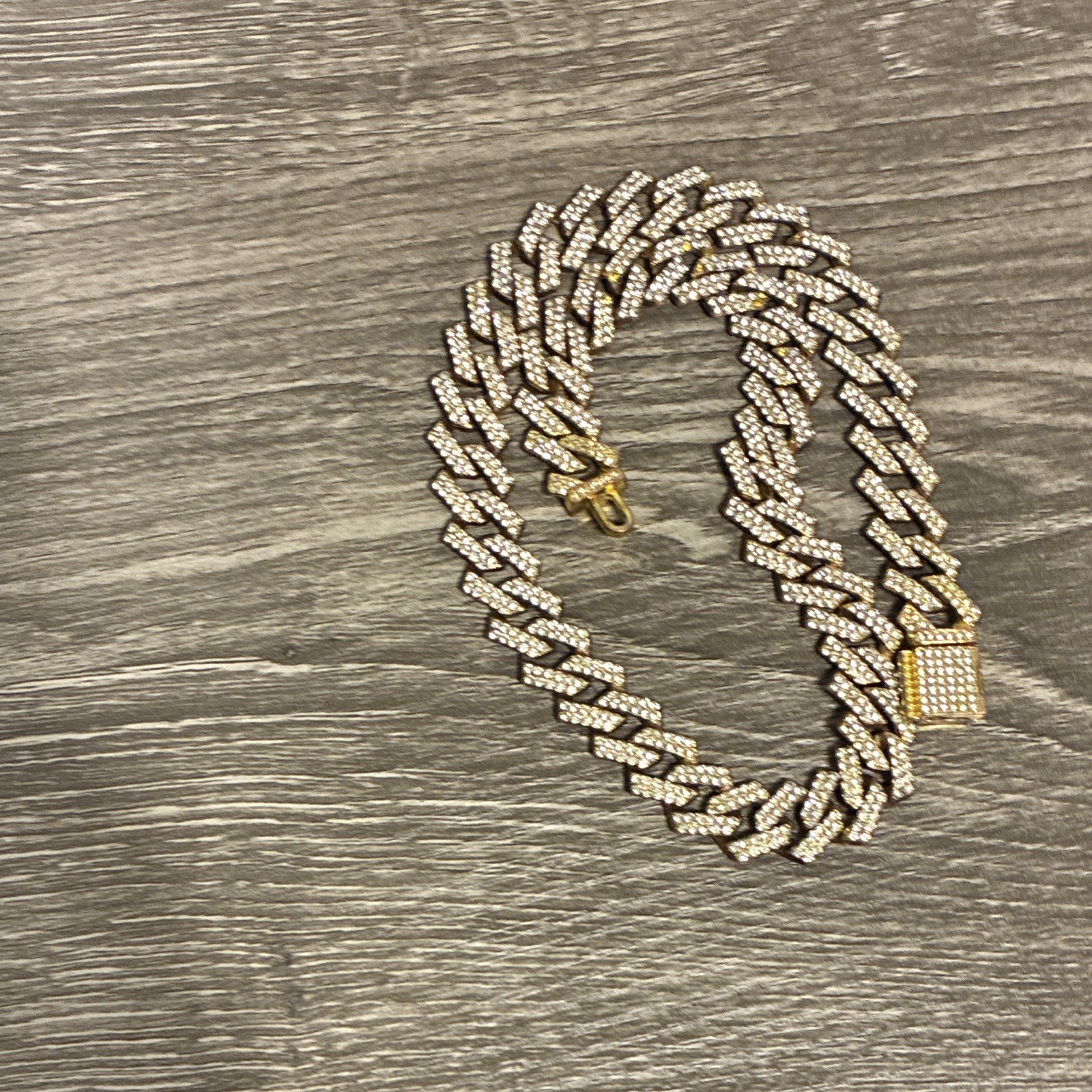 Gold Tone Pavé Cuban Link Chain Necklace White Crystal Round Stones Box Clasp