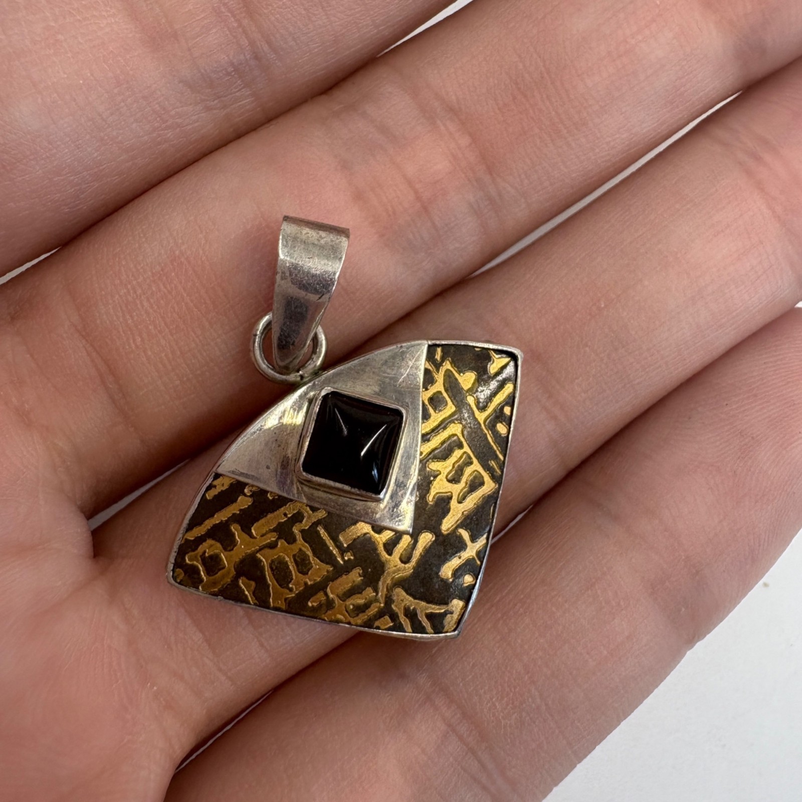 Black Onyx Black and Gold Painted Enamel Inlay Pendant 925 Sterling Silver 1.25″
