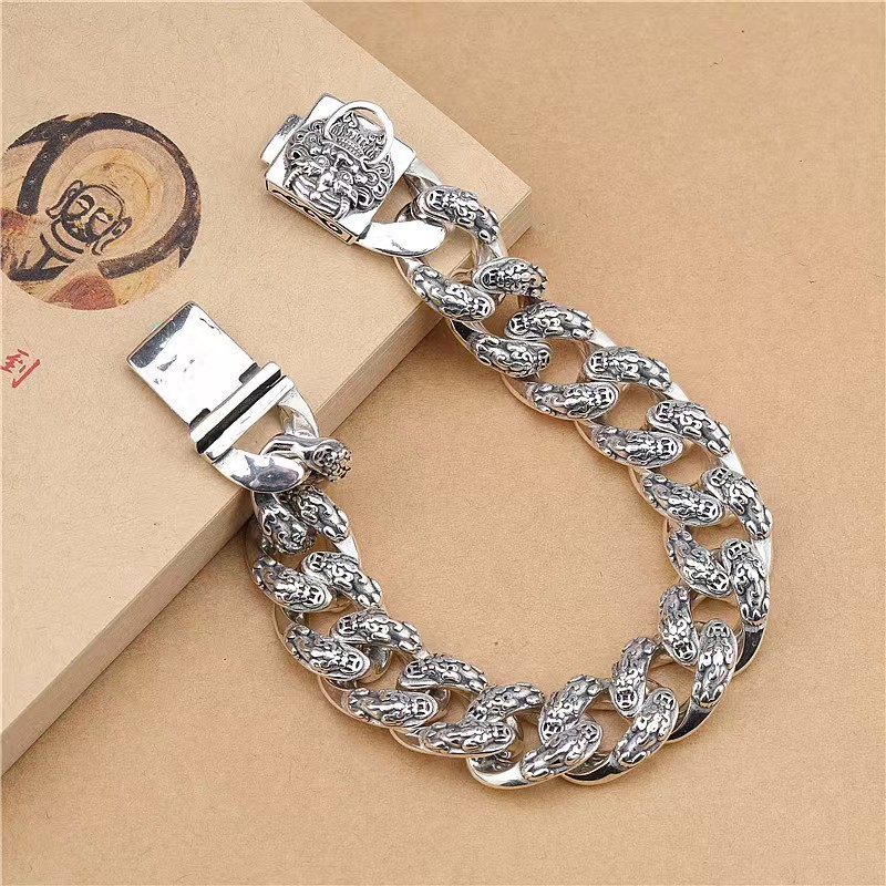 Pure S925 Sterling Silver Chain Men Women Dragon Pixiu Link Bracelet 7.1-9.1inch