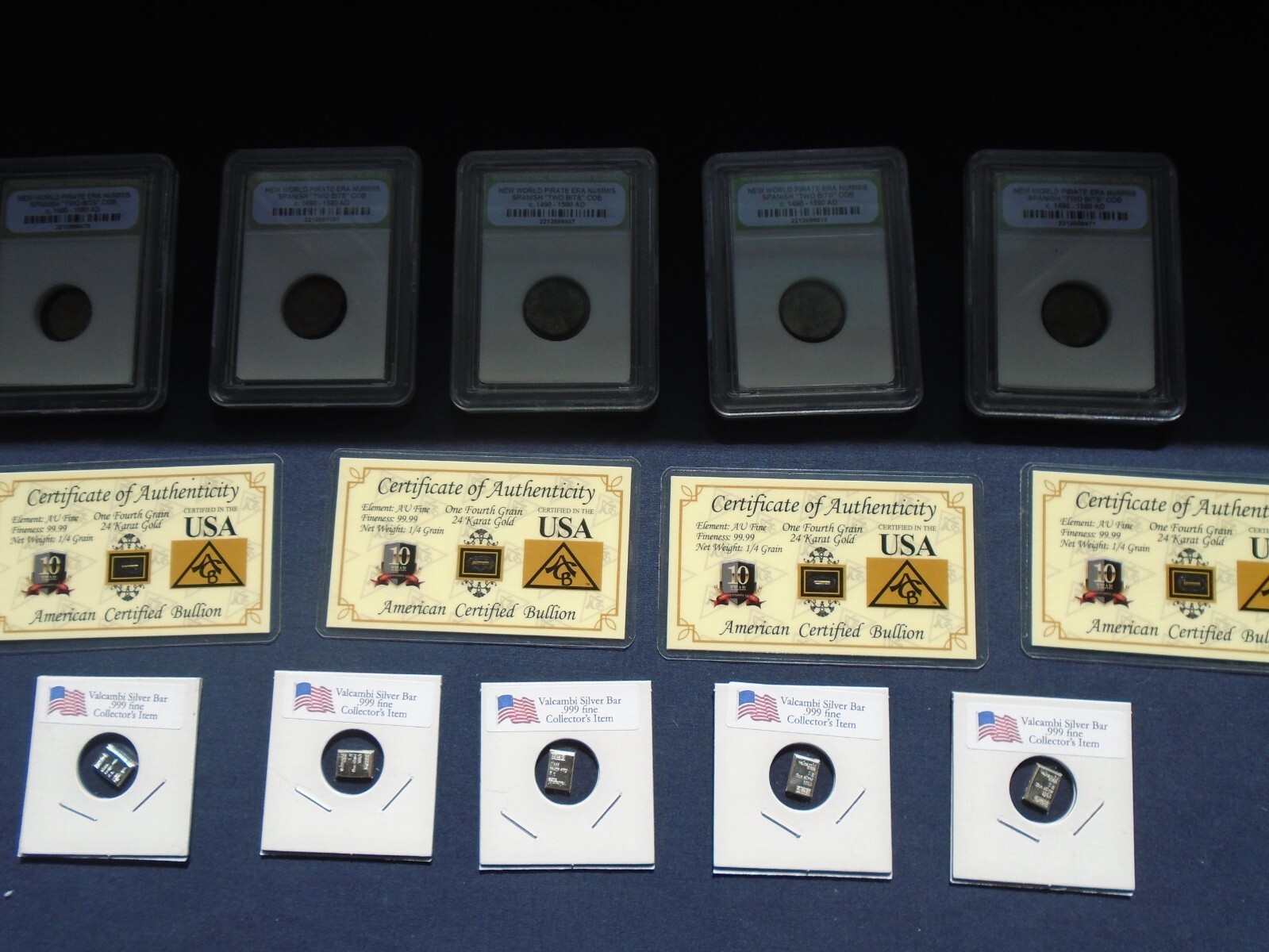 ☆ 3 PC.LOT-CERTIFIED PIRATE COIN – GOLD AND SILVER BAR CARDS-ESTATE SALE☆