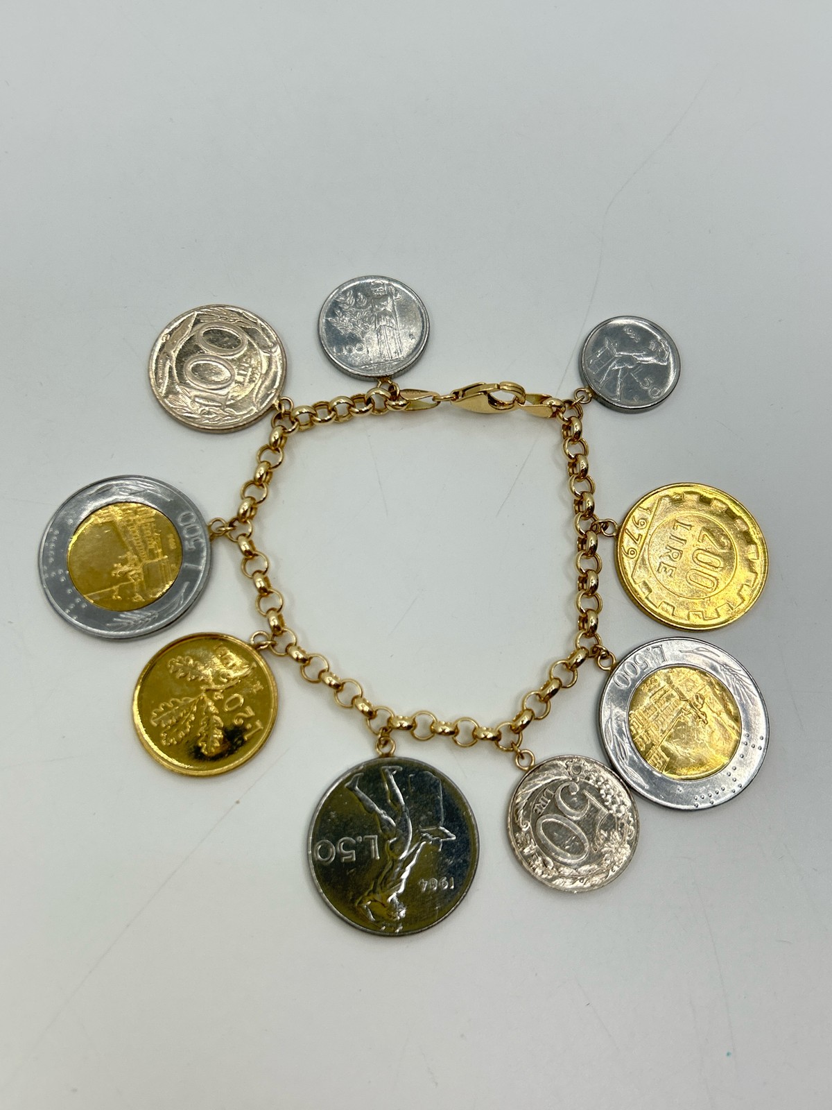 Vintage Milor Lira Coin 14K Gold Silver Charm 6.5″ Stamped Bracelet Made Italy
