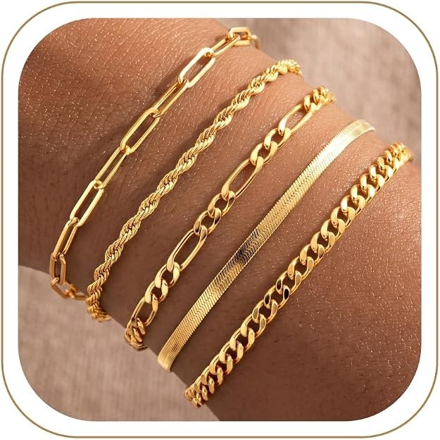 Women’s 14K Gold Plated Bracelet Set Waterproof Stackable Cuban Snake Rope USA