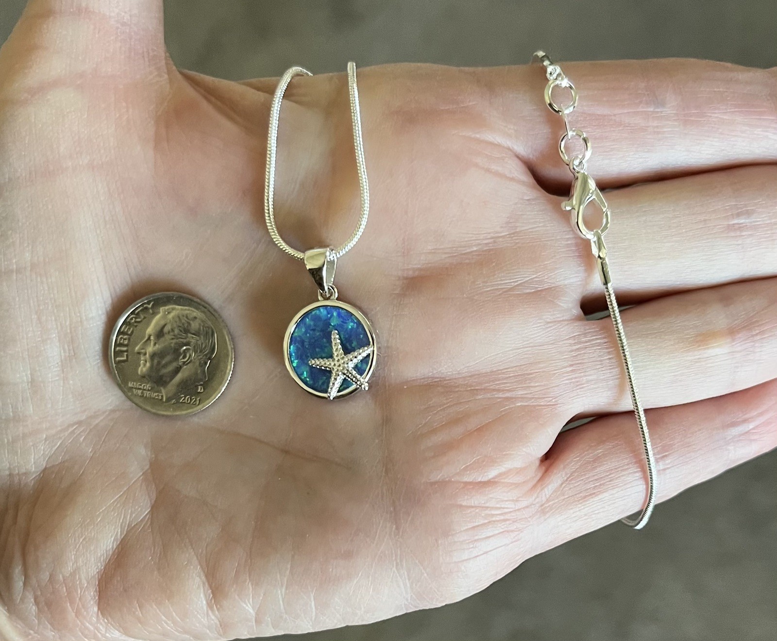 Sterling Silver Blue Lab Opal Star Fish Pendant &Necklace 18”FaceHeight:15 mm 💙