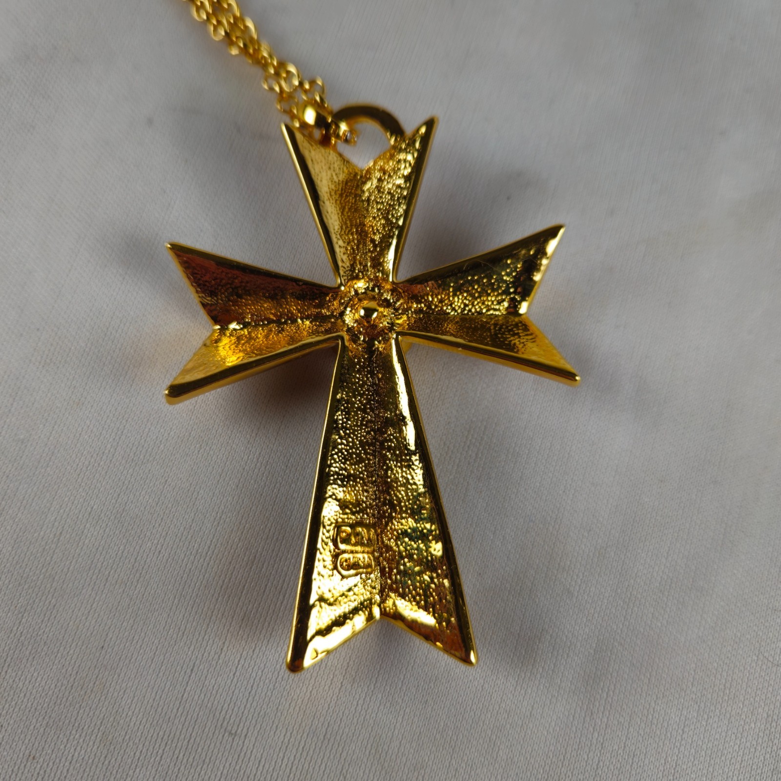 Gold Tone Cross Pendant Necklace Amber Gemstone Religious Christian 50g 18″ Vtg