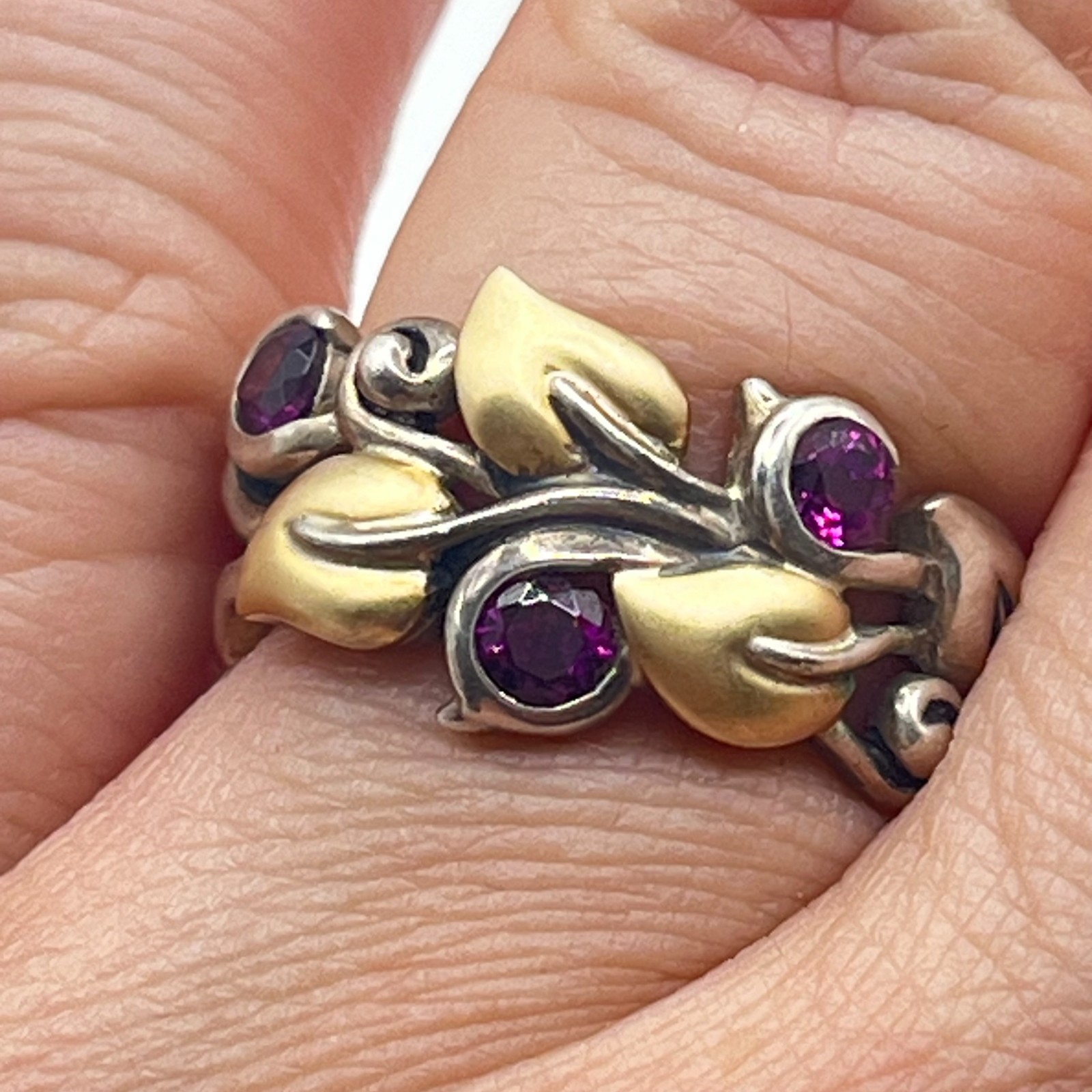 Barbara Bixby Ring Rhodolite Garnet Sz 8 💥 Vine Leaf Sterling 925 & 18k Leaf