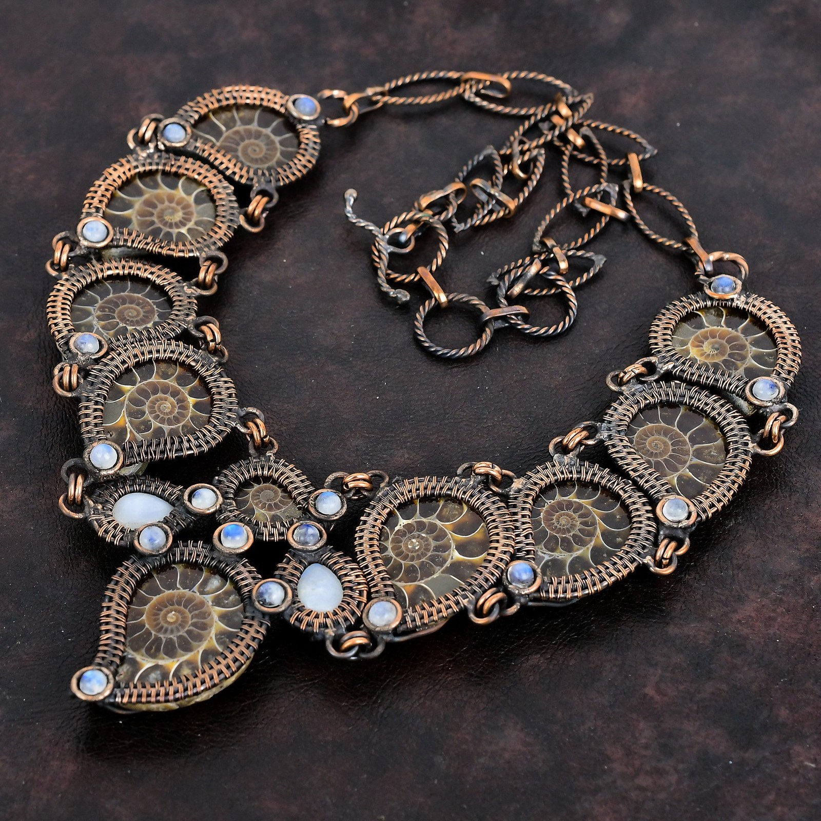 Ammonite Fossil Gemstone Necklace Copper Wire Wrap Moonstone Adjustable Necklace