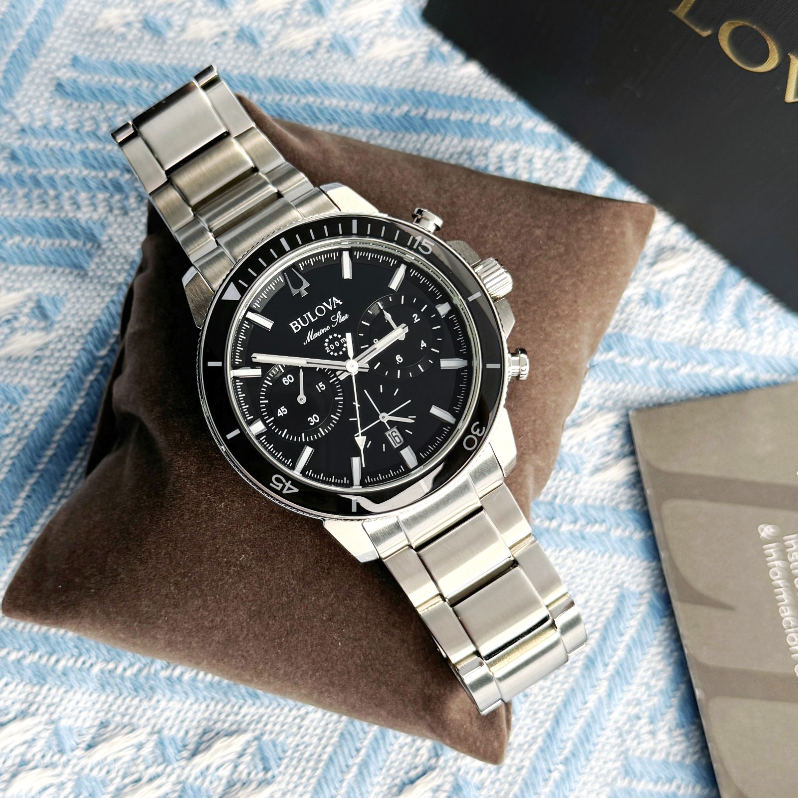New Bulova Marine Star Chronograph SilverTone Men’s Watch Black Dial 45mm/96B272