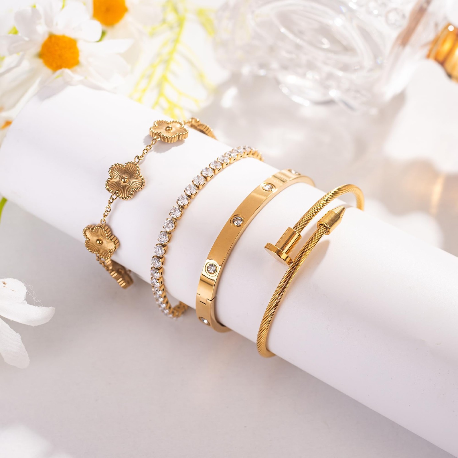 GIVCHO 18K Gold Plated Nail Love Bangle Bracelet Set for Women One Size,