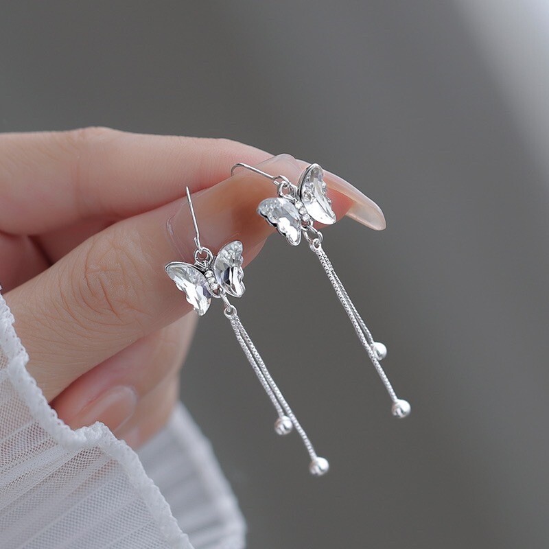 925 Silver Plated Tassel Crystal Butterfly Dangle Drop Earrings for Women