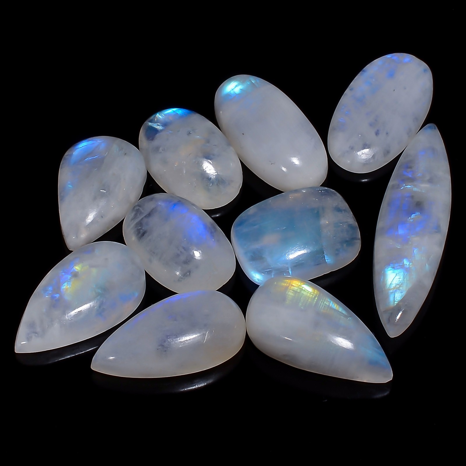 Rainbow Moonstone Cabochon 10 Pcs Lot Gemstone 89.5 Ct. 15X10 31X8 mm A-34724