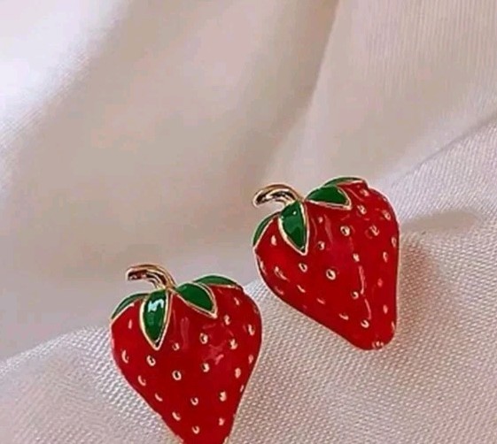 Set Of 5 Micro Mini Stud Earrings, Fruits Embellished With Rinestones. Goldtone