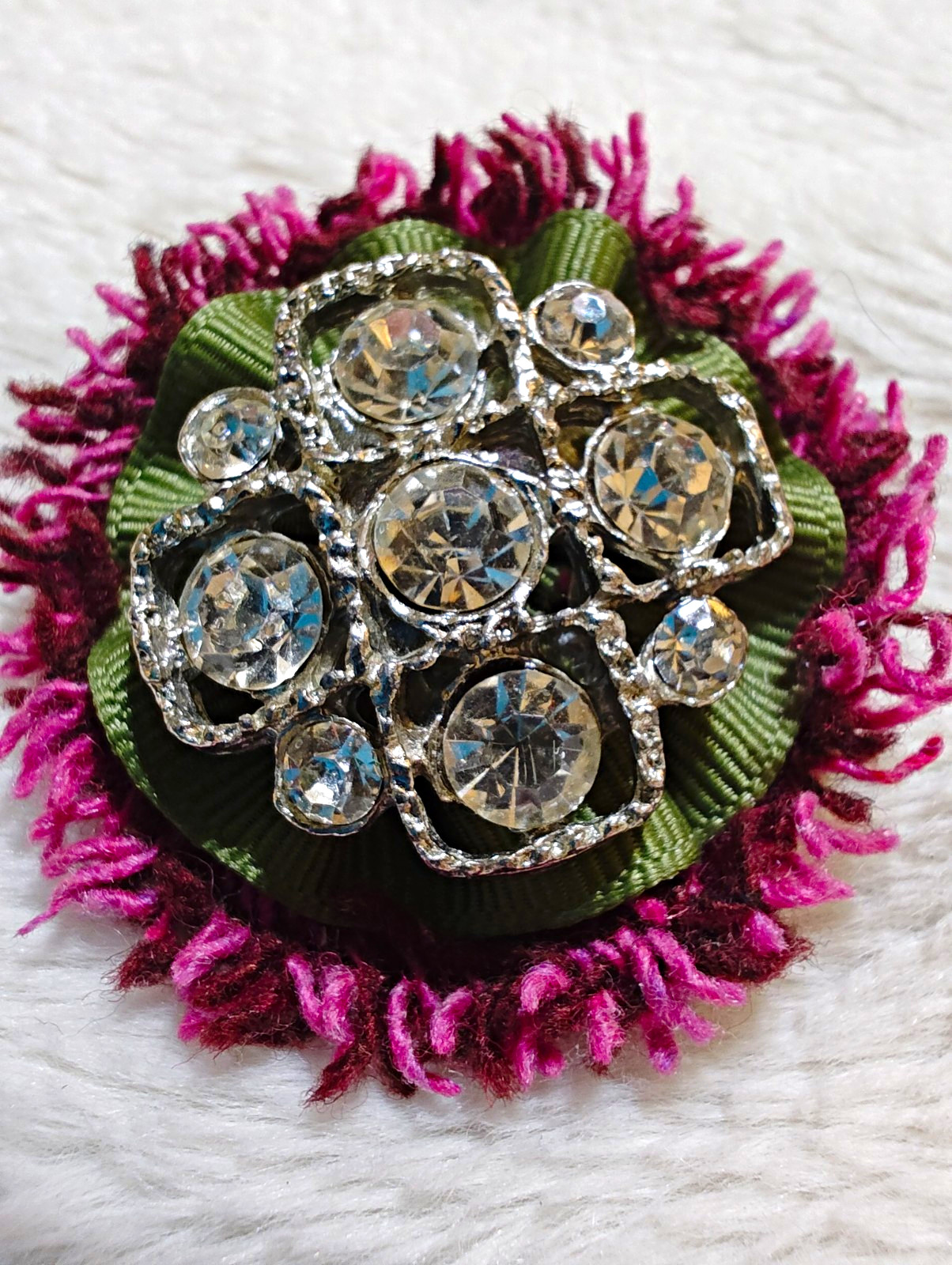 Magpie Flower Brooch/Pendant Grosgrain Ribbon Clear Rhinestones 2 in