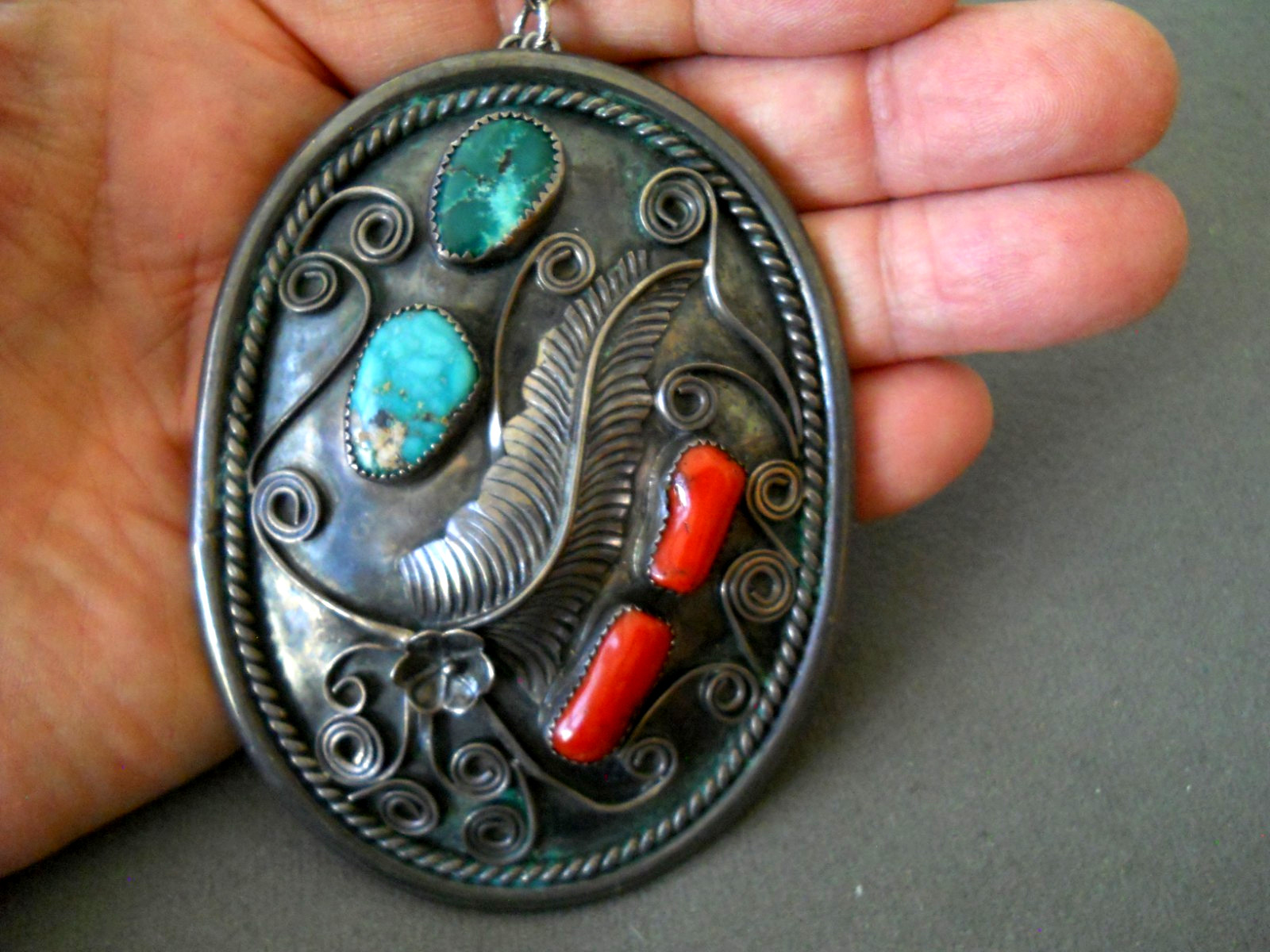 Native American Navajo Turquoise Coral Sterlin Silver Pendant 3.8″ +Necklace 93g