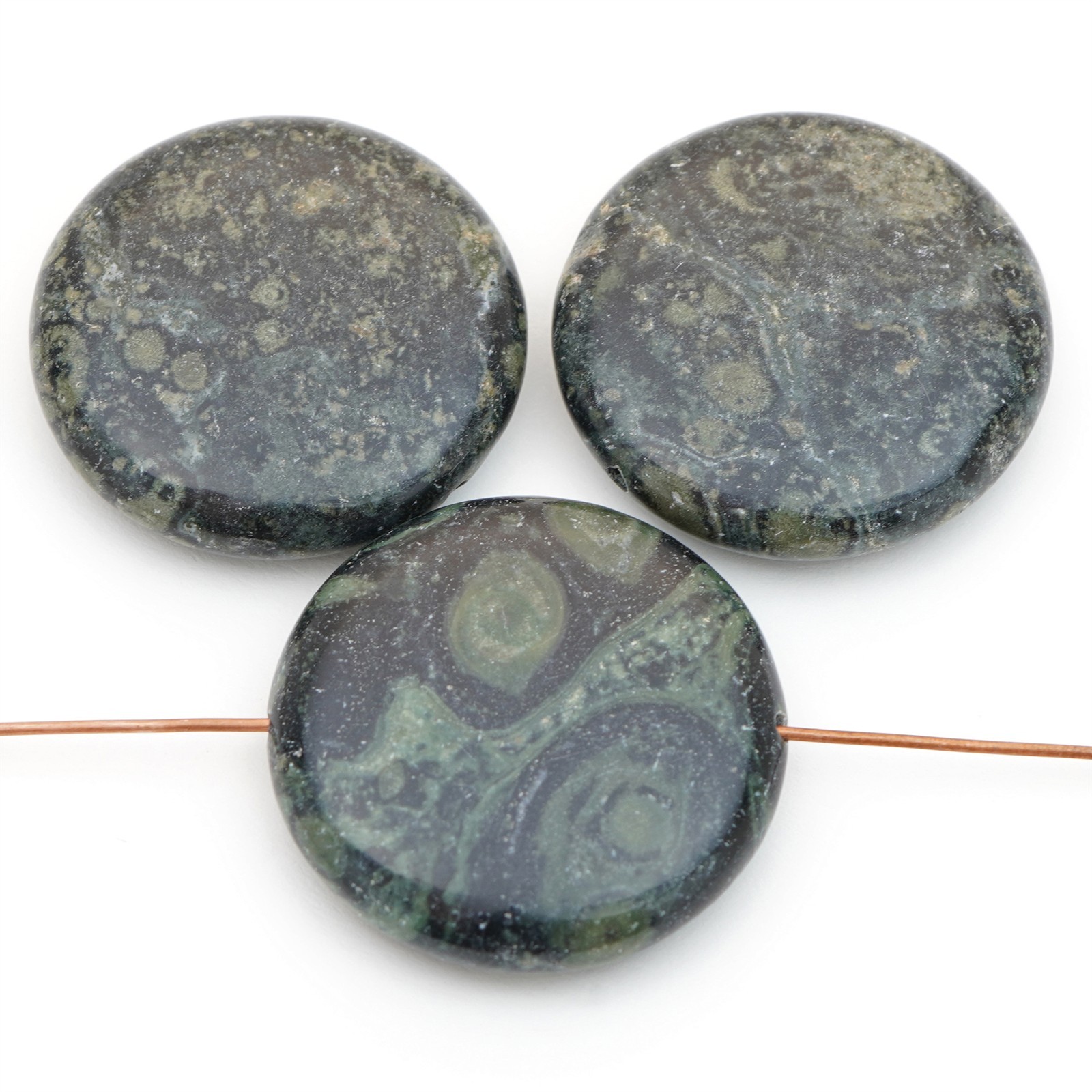 3 large flat round green and black kambaba jasper stone lentil beads avg 30mm
