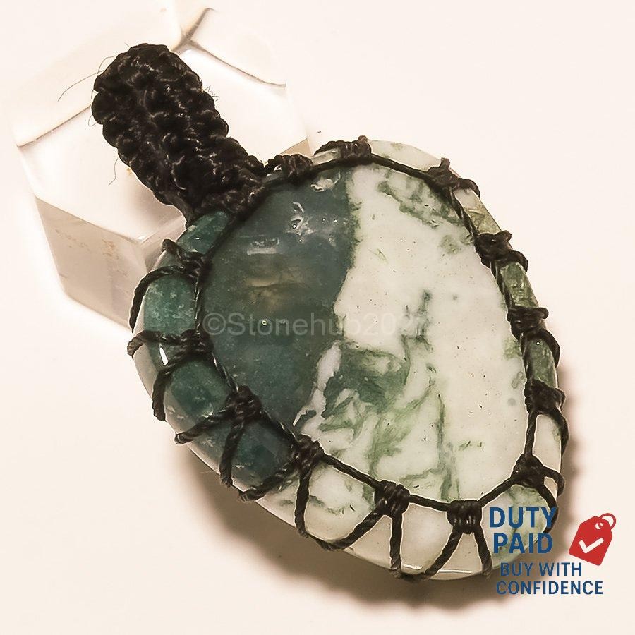 925 Sterling Silver Moss Agate Threaded Wife Handmade Art Deco Wedding Pendant