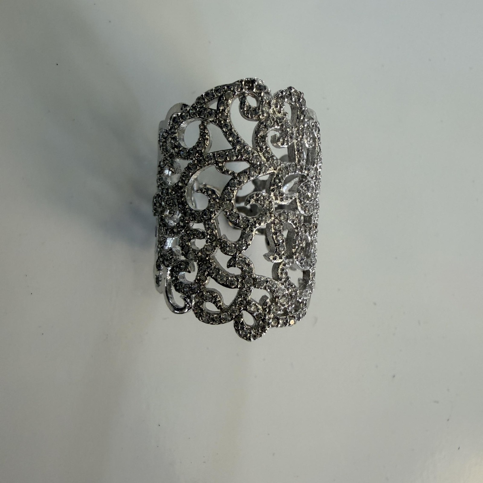 Silver Tone Rhinestone Full Finger Cocktail Ring Size 8 Filigree Statement Bling