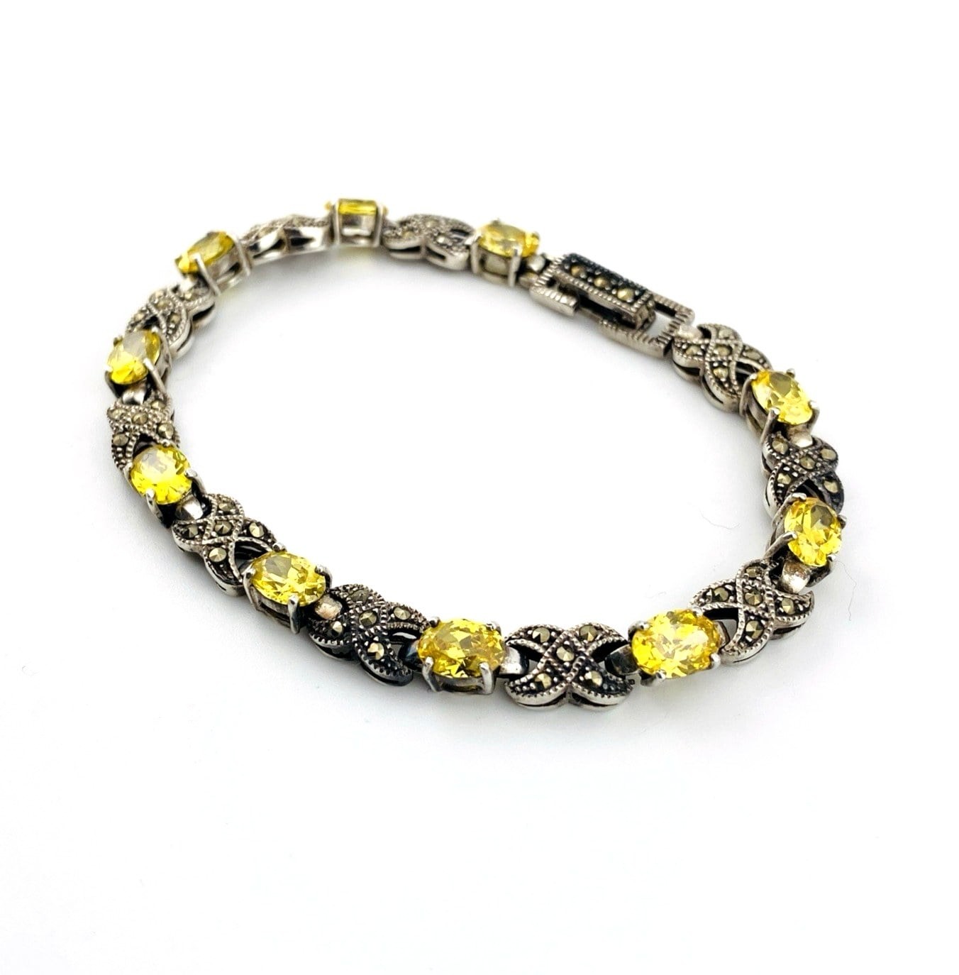 Canary Yellow CZ Marcasite Sterling Silver Link Bracelet Vintage 7.25 in