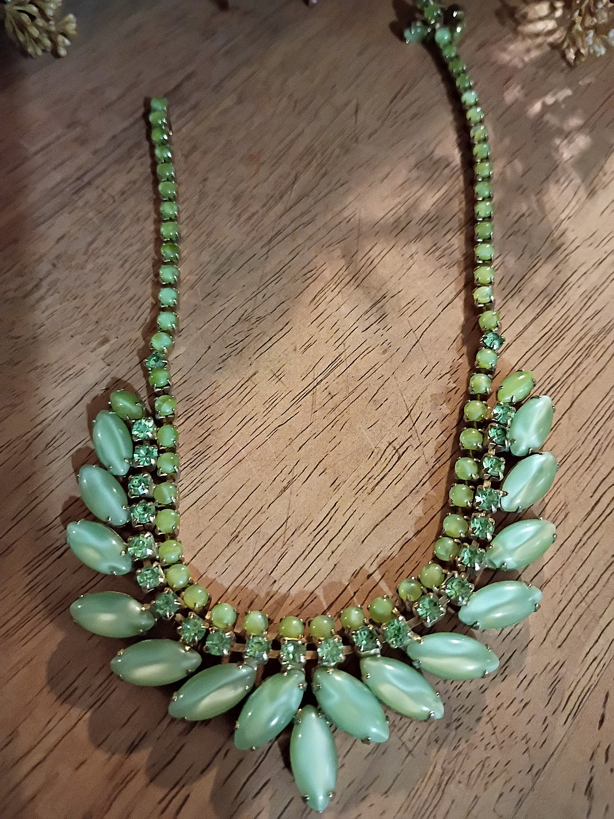 Signed Vintage Joseph Warner Mid-Century Green Moonglow Lucite Necklace (AS-IS)