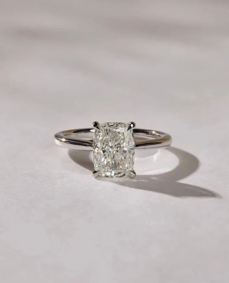 2.00 CT Elongated Cushion Cut IGI Lab Grown Diamond Ring 14K White Gold Plated