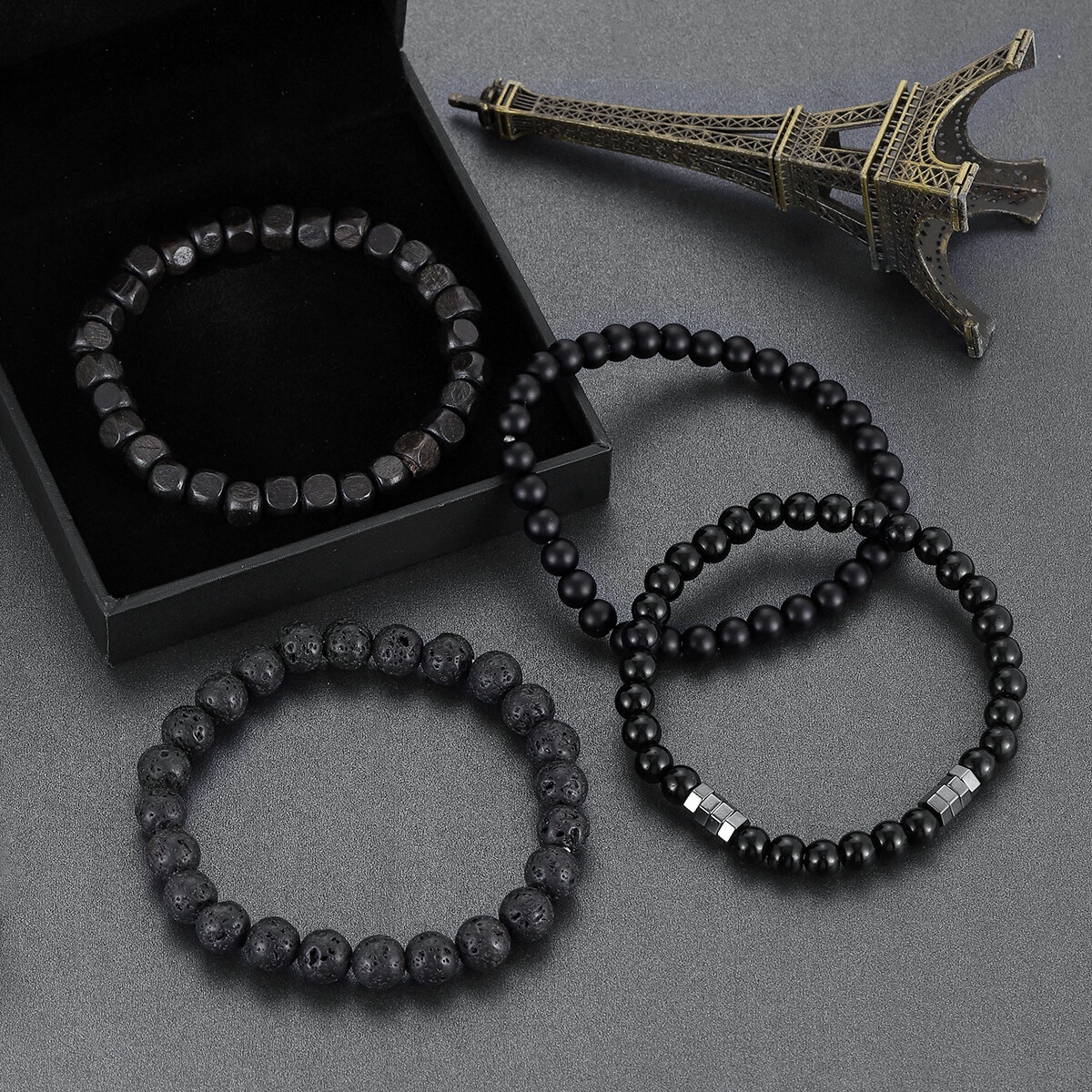 4pcs/Set Casual Style Black Lava Bead Bracelets For Daily Wear Women Men Gift US