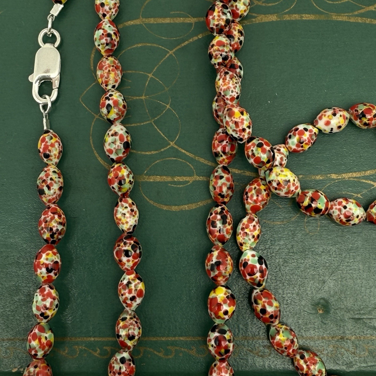 Vintage Japanese Spatter Glass Bead Necklace 55″ 925 Clasp Restrung Beadalon