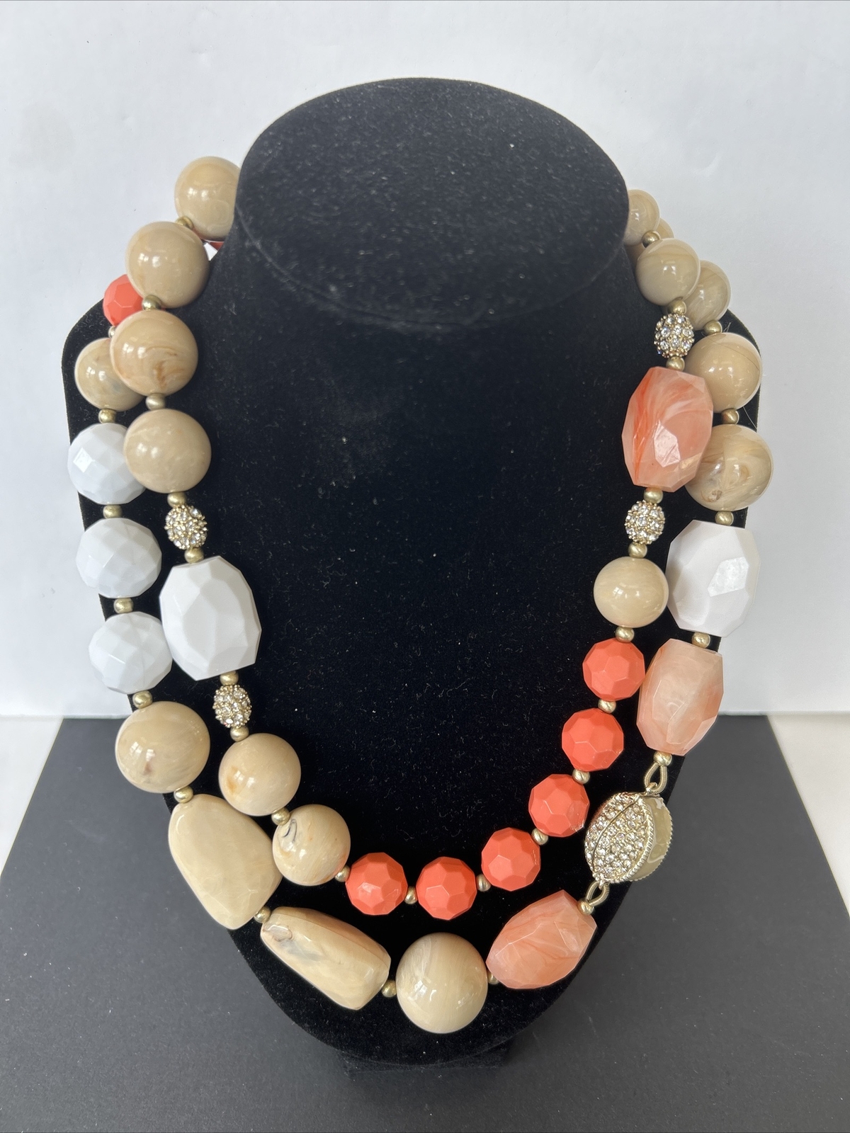 VTG Acrylic Metal Rhinestone 2 Strand Faceted Necklace Beach Orange Peach 20”