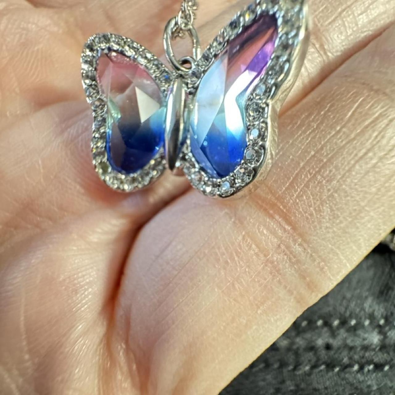 Silver Butterfly Pendant with Iridescent Blue/Purple Wings & Rhinestone Accents
