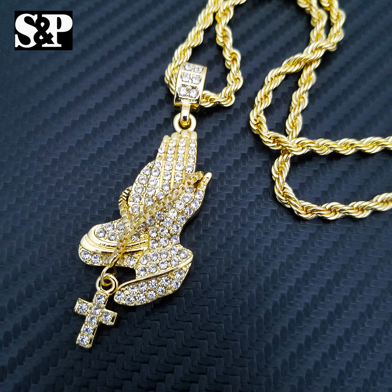 HIP HOP GOLD PLATED ICED PRAYER’S HANDS CZ PENDANT & 24″ ROPE CHAIN NECKLACE