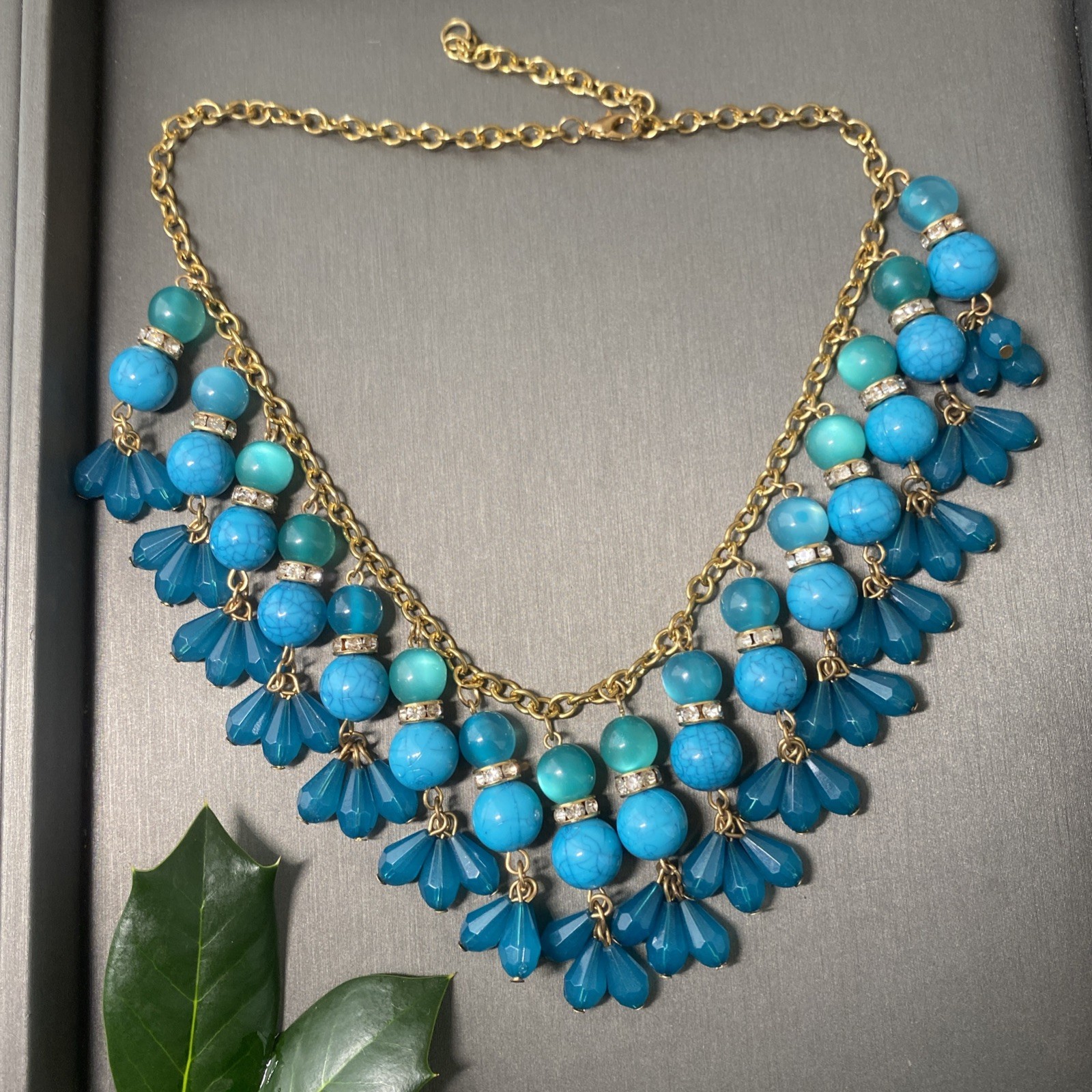 Vintage Blue Turquoise Lucite Bead Choker Necklace Statement Estate Jewelry