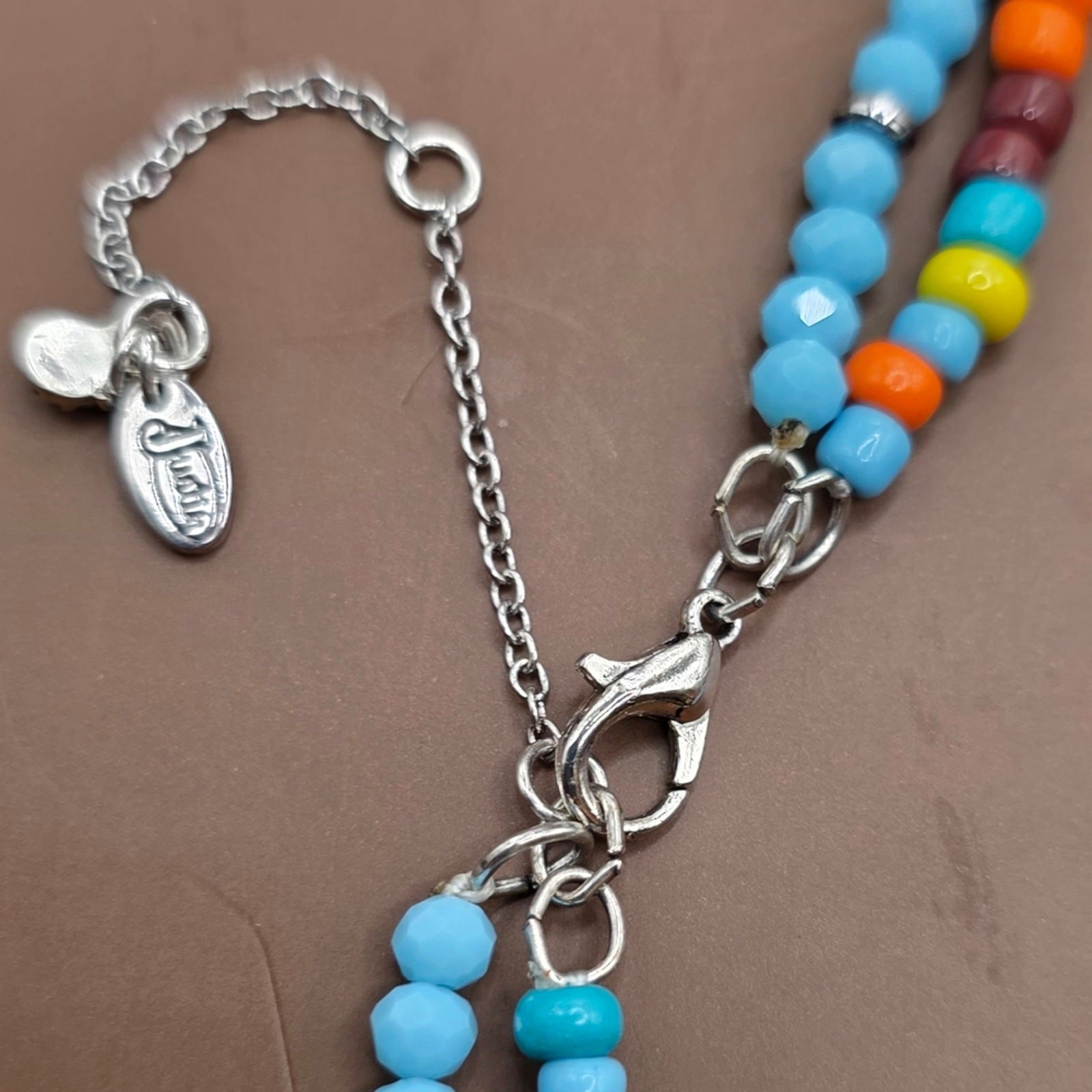 Boho Silver Bull Pendant Beaded Necklace in Turquoise & Orange
