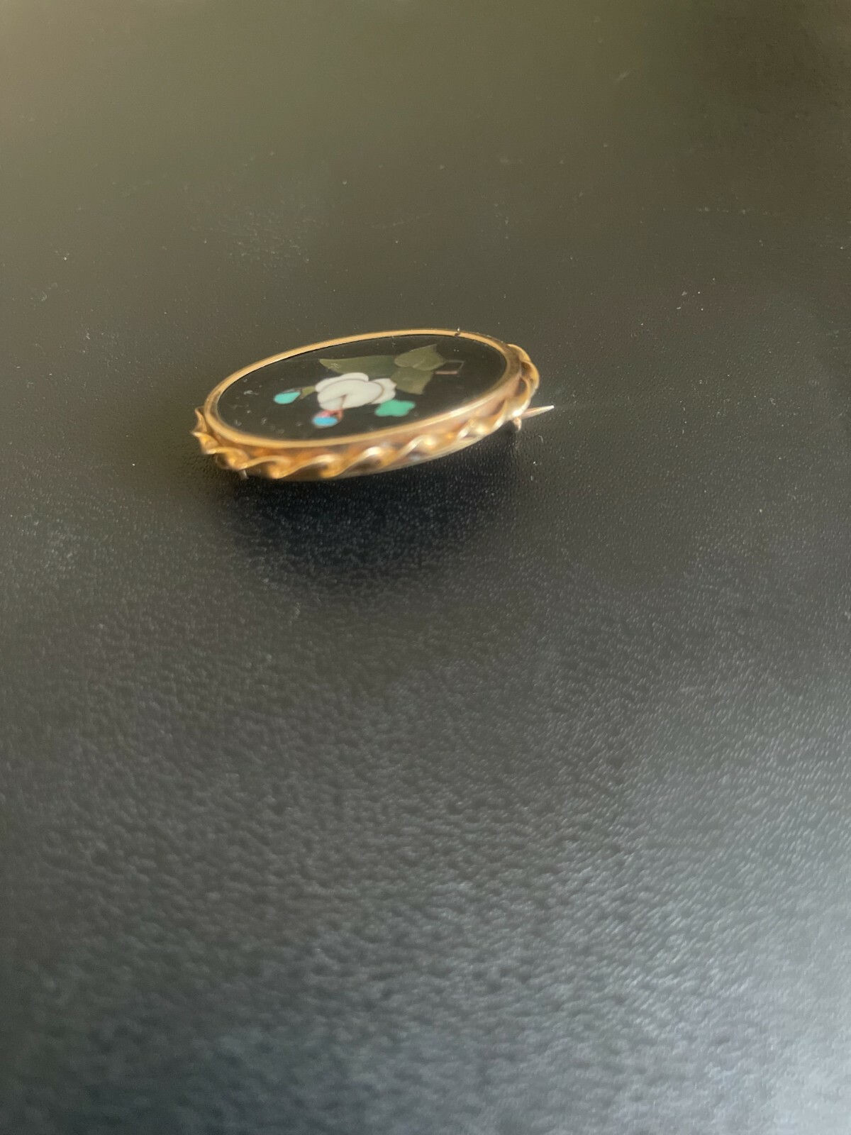 Victorian Italian 14k Gold Floral Pietra Dura Pin / Brooch