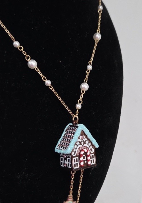 Betsey Johnson Gingerbread Necklace NEW House Dangly Pendant 28 inch in Gift Box