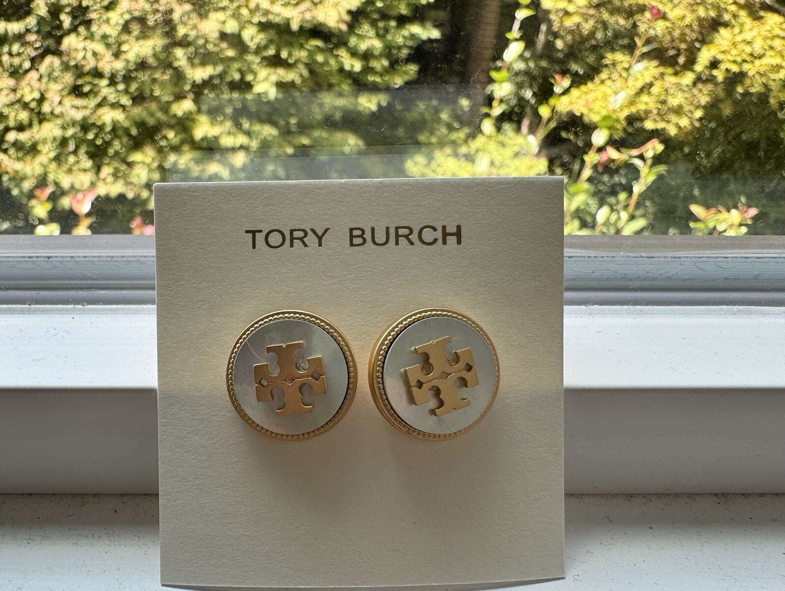 New Tory Burch White Semi-Precious Gold Tone Mother Of Pearl Logo Stud Earrings