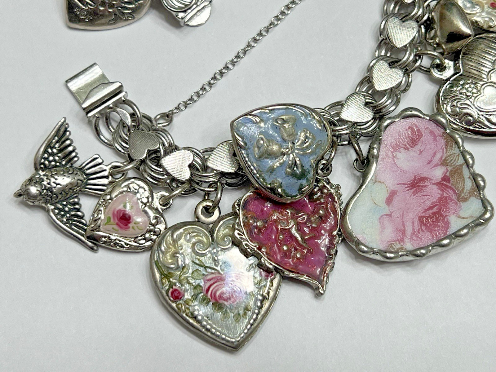 Vintage Puffy Hearts Charm Bracelet Sterling Silver Estate Pink Heart Charms US
