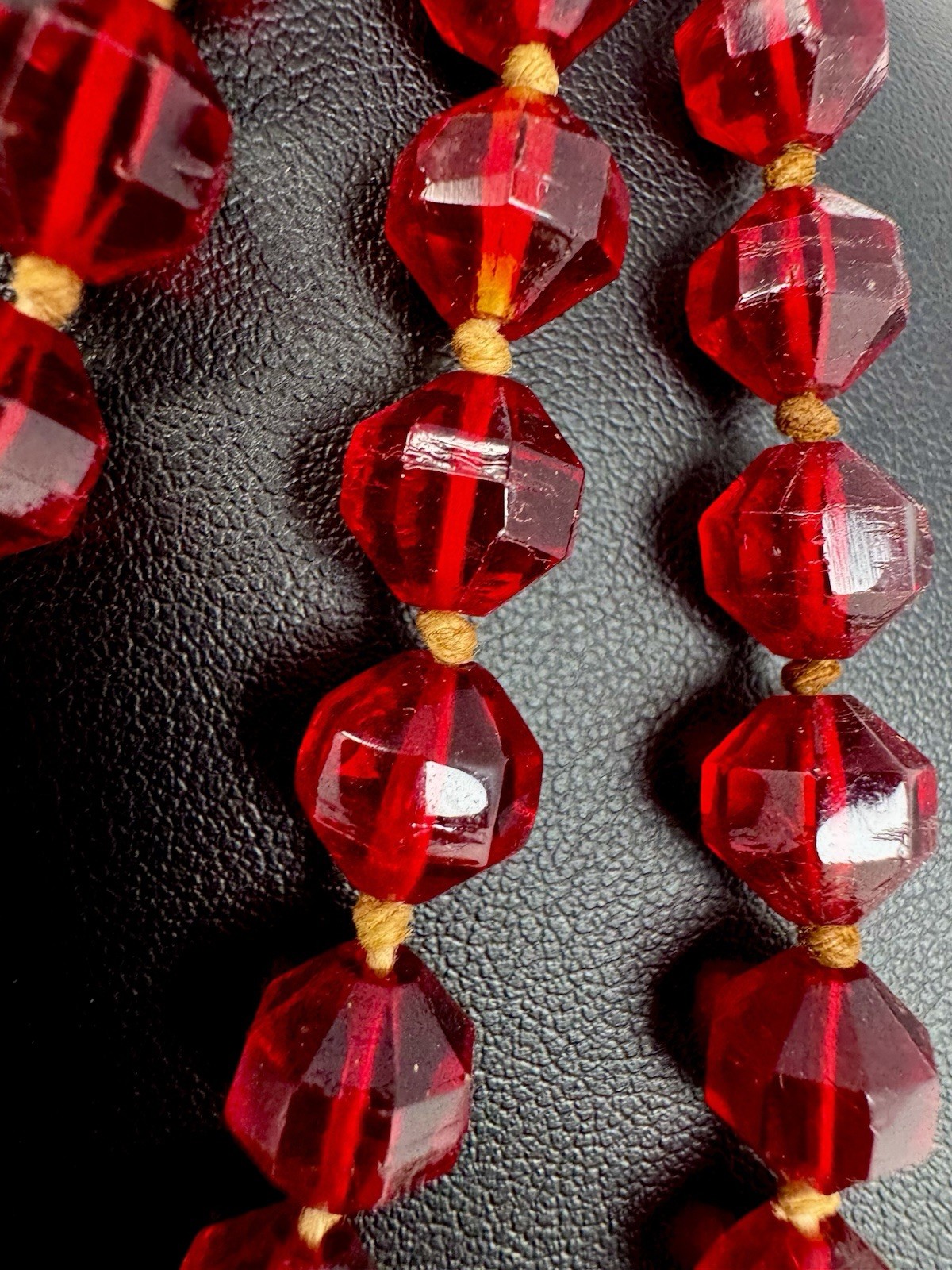 Red Glass Beaded Strand Necklace Ball/Bead Chain More Than 36 in Long