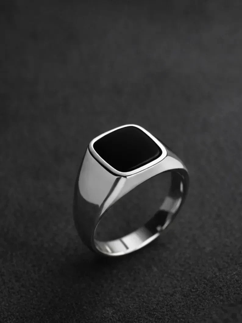 Black Onyx Ring Mens Cushion Cut 925 Silver 14K Gold Gift For Husband