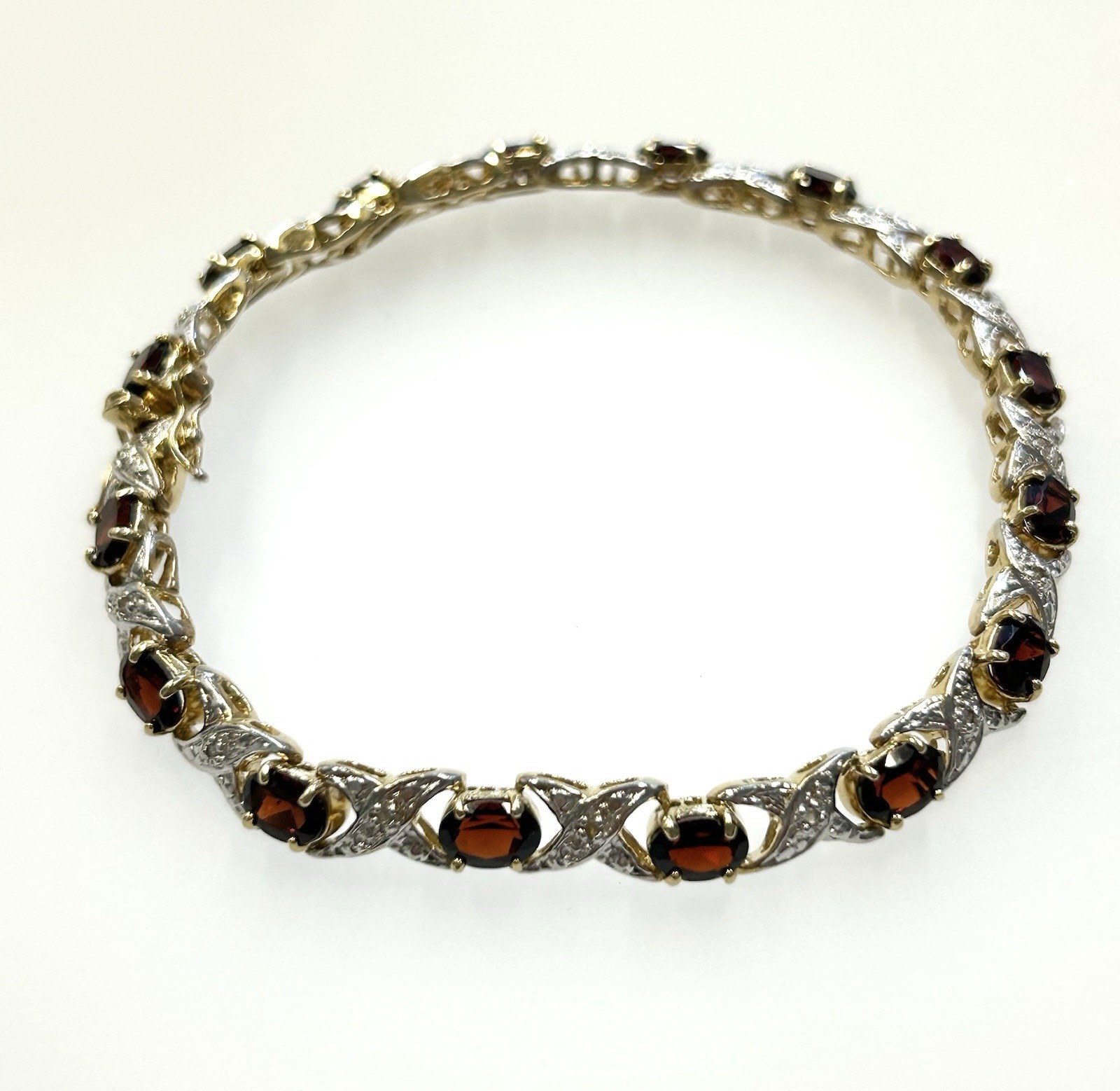 Vintage Sterling Silver Gold Toned X’s & O’s Bracelet With Red & Clear Stones