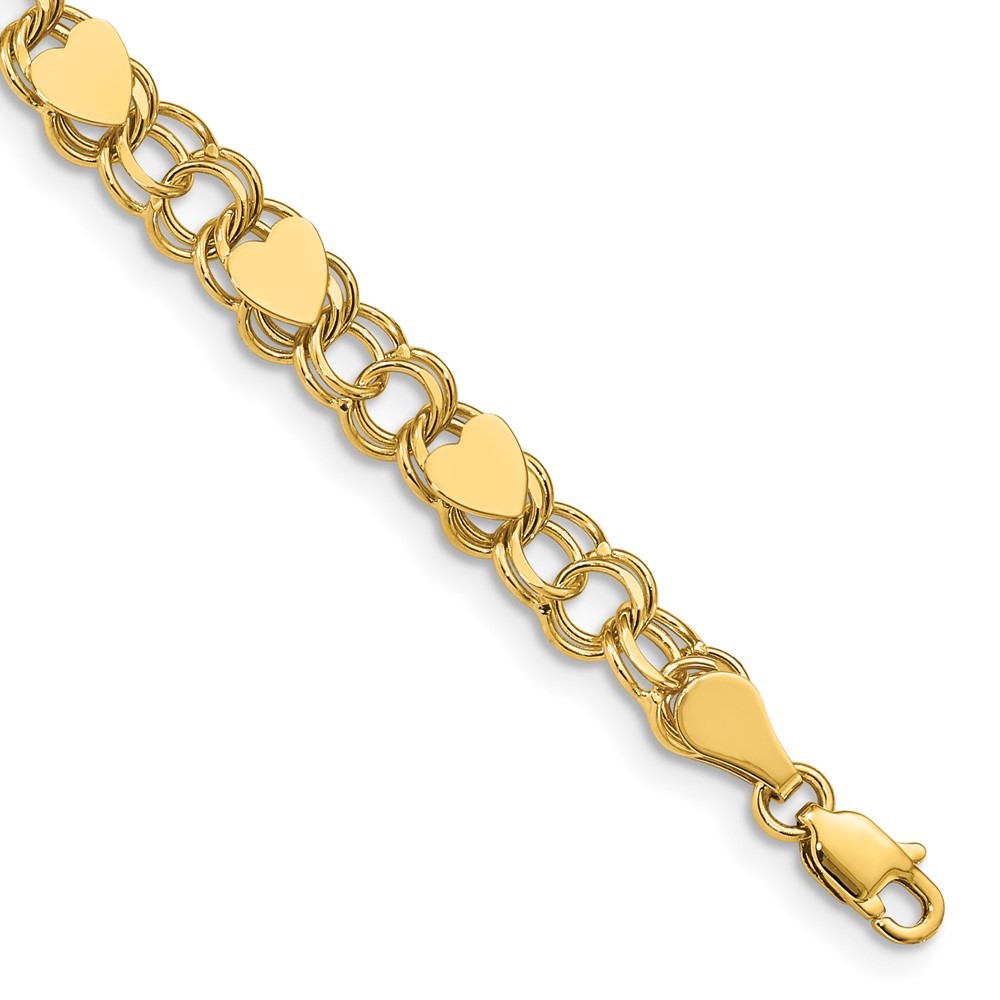 14k Yellow Gold 6mm Solid Double Link with Hearts Charm Bracelet 8″