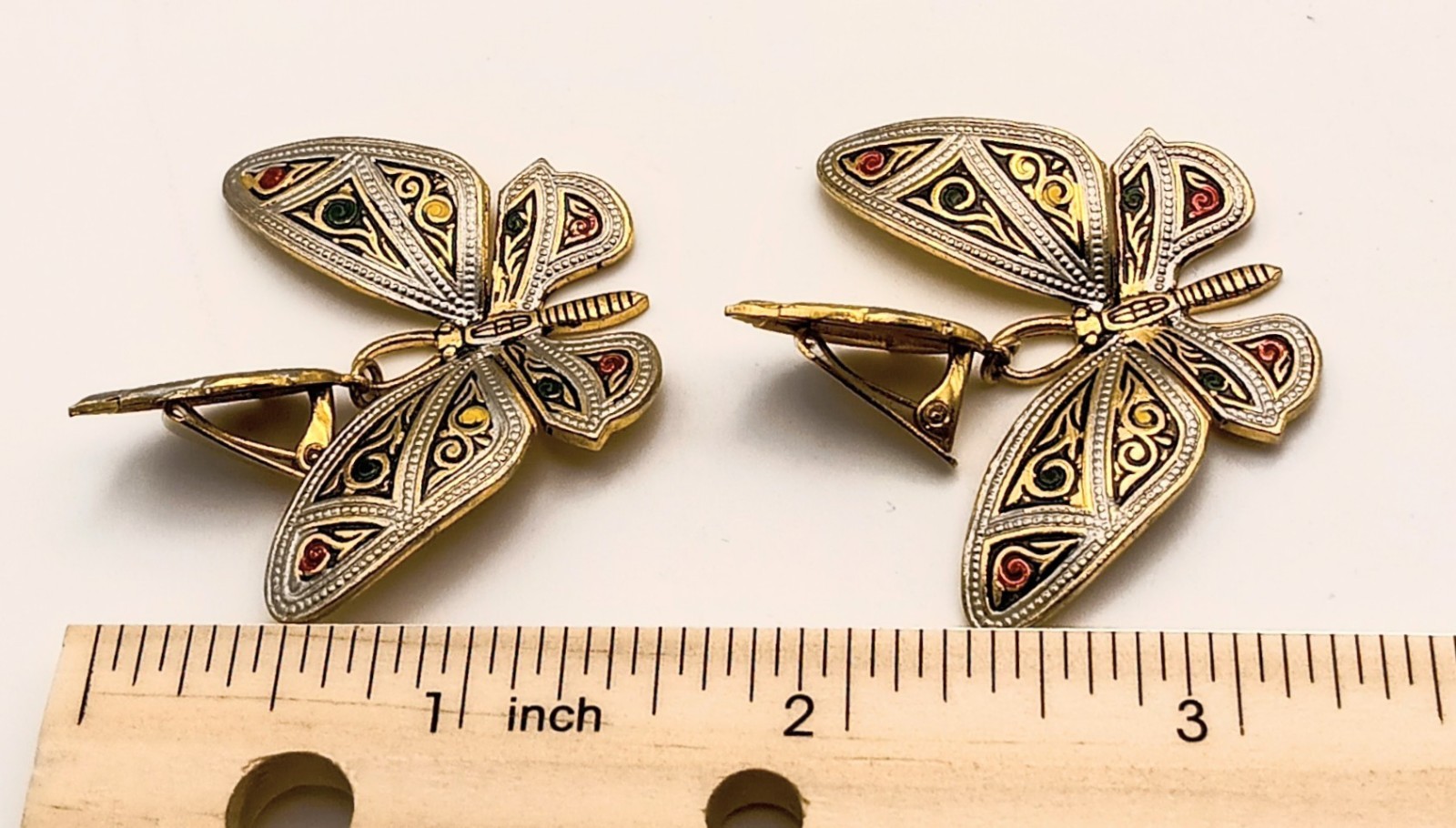 Vintage Toledo Spain Damascene Butterfly Earrings Large Statement Enamel Clip On